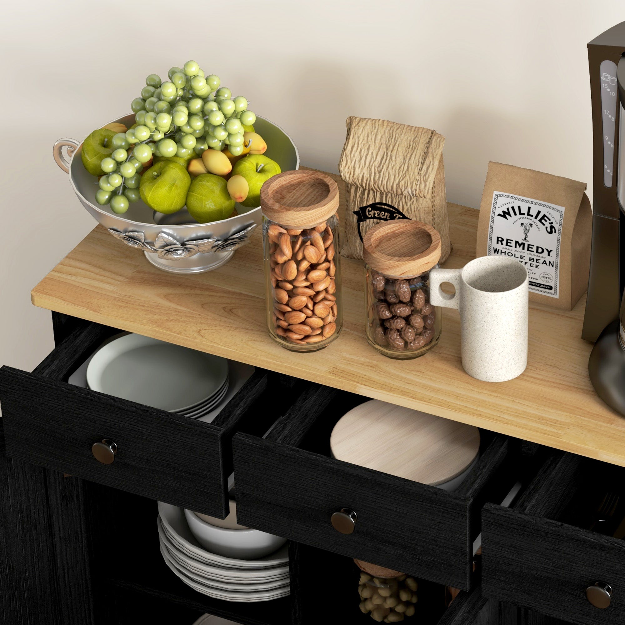 HOMCOM Sideboard with Rubberwood Top and Adjustable Shelves for Dining Room, Kitchen - Black Wood-Effect - North Peak Garden Furniture