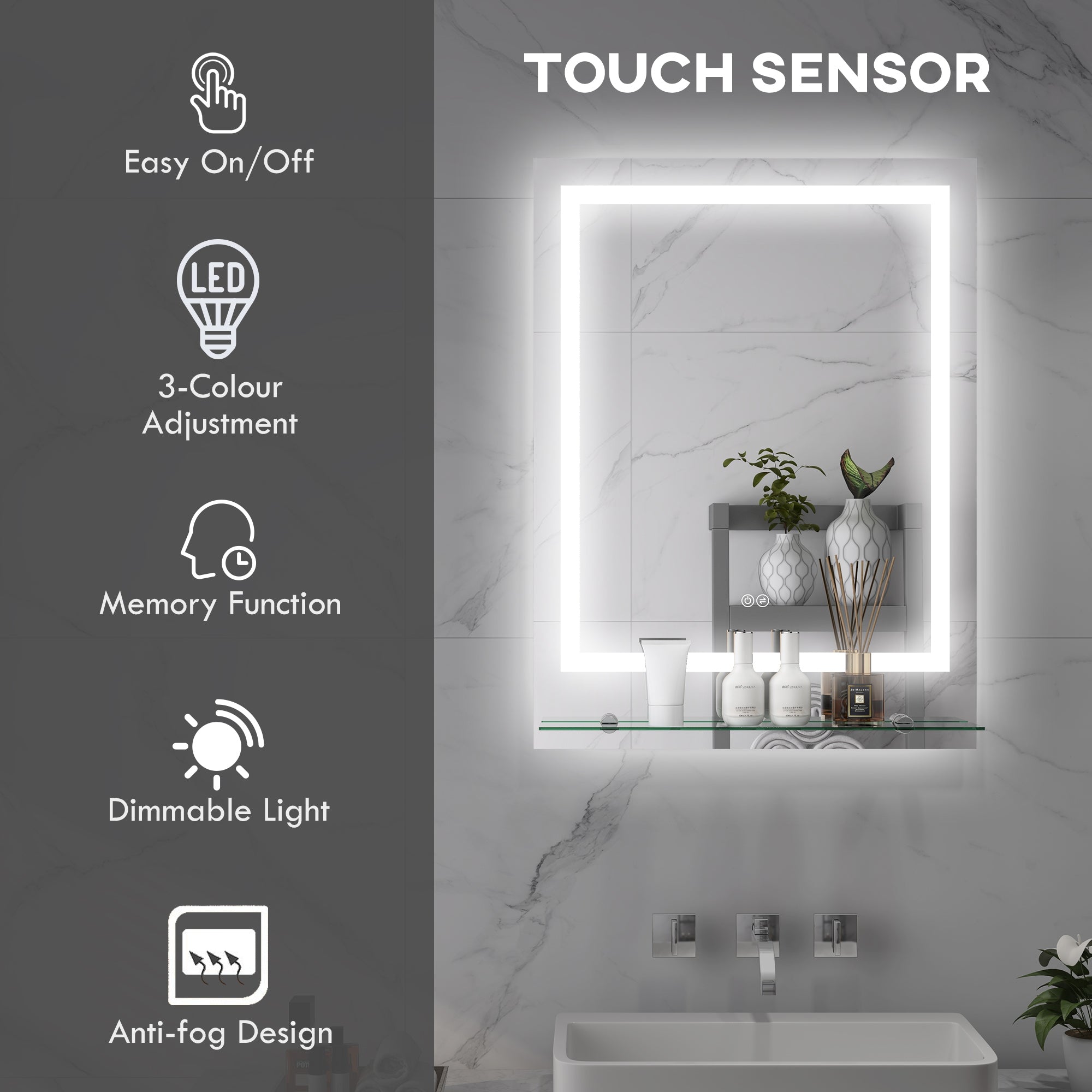 kleankin LED Bathroom Mirror with Lights and Shelf, Illuminated Makeup Mirror, Vanity Mirror with 3 Colour, Smart Touch, Anti-Fog - North Peak Garden Furniture