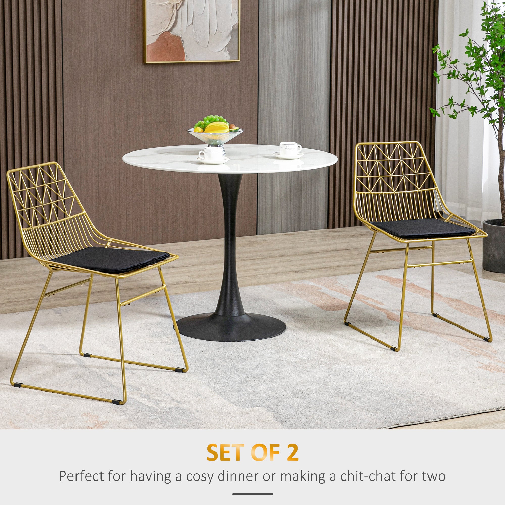 HOMCOM Luxurious Dining Chairs Set of 2, Metal Wire Kitchen Chair with Removable Velvet-feel Cushion, Cut-out Back and Steel Frame for Dining Room, Gold Tone - North Peak Garden Furniture
