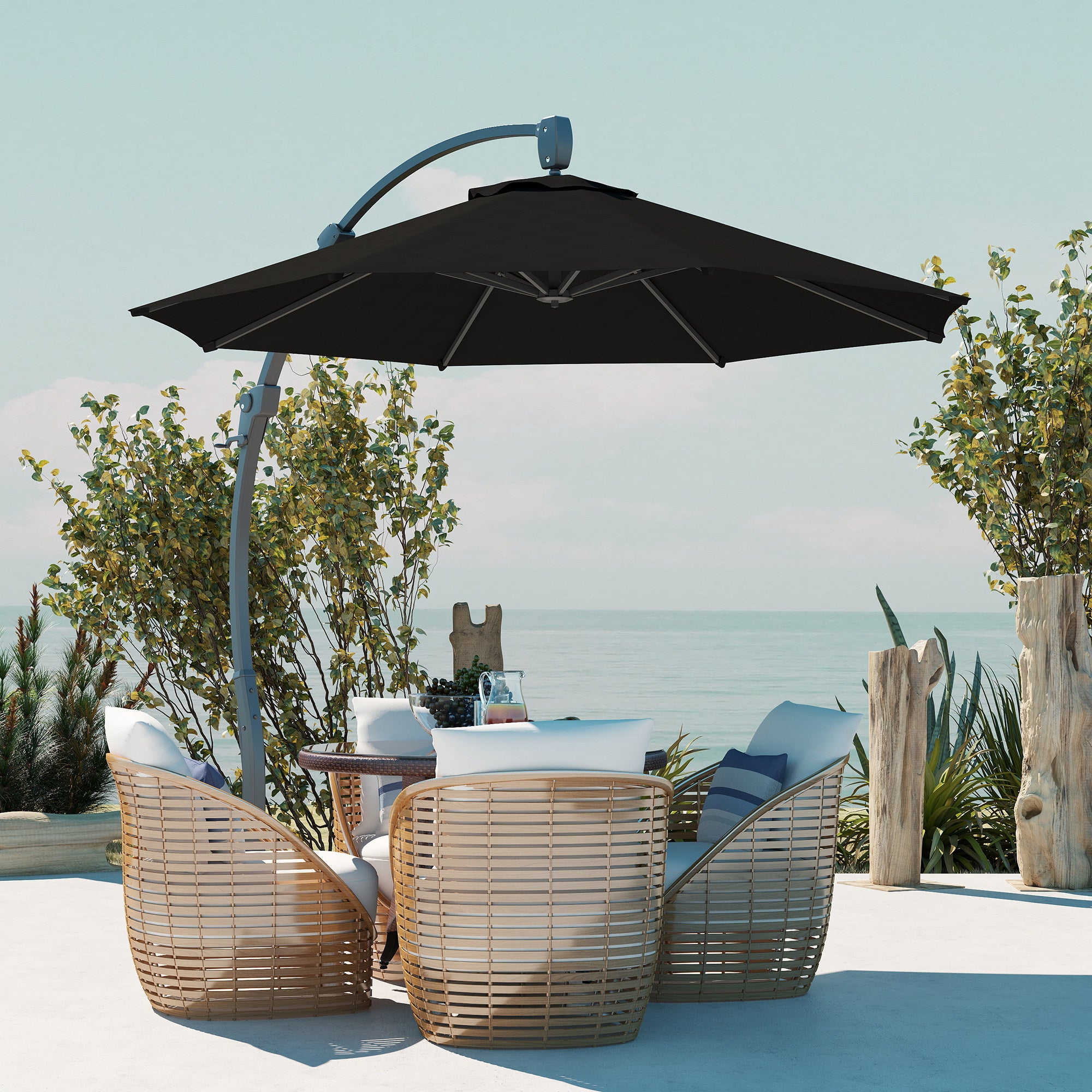 Outsunny 3(m) Garden Cantilever Parasol, Round Overhanging Umbrella with Crank Handle, Cross Base, Aluminium Frame and 360° Rotation, Banana Patio Umbrella for Outdoor Sun Shade, Black - North Peak Garden Furniture