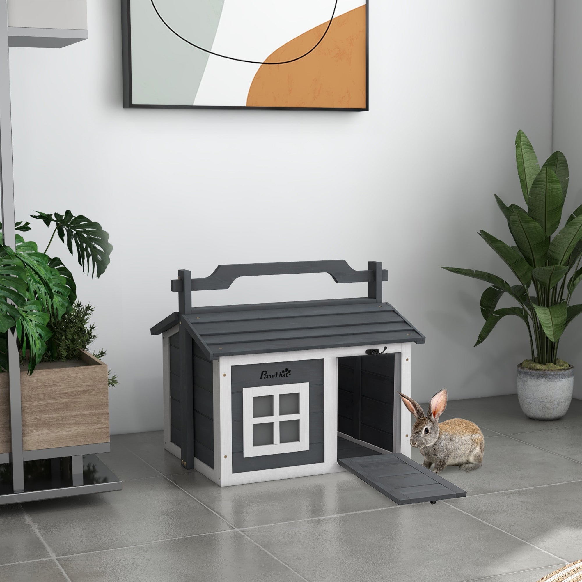 PawHut Indoor Rabbit Hutch, Portable Small Animal House Outdoor, with Top Handle, Openable Roof - Grey - North Peak Garden Furniture