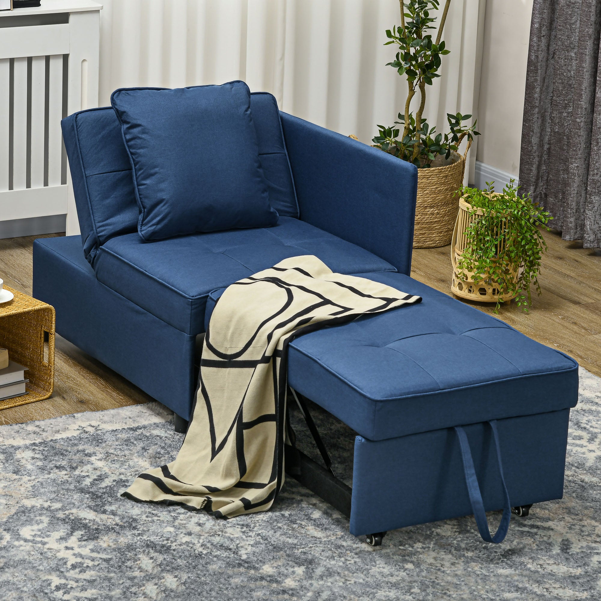 HOMCOM Convertible Single Sofa Bed with Thick Padded Seat, 3-in-1 Multi-Functional Sleeper Chair Bed with Magazine Pocket, for Living Room, Blue - North Peak Garden Furniture