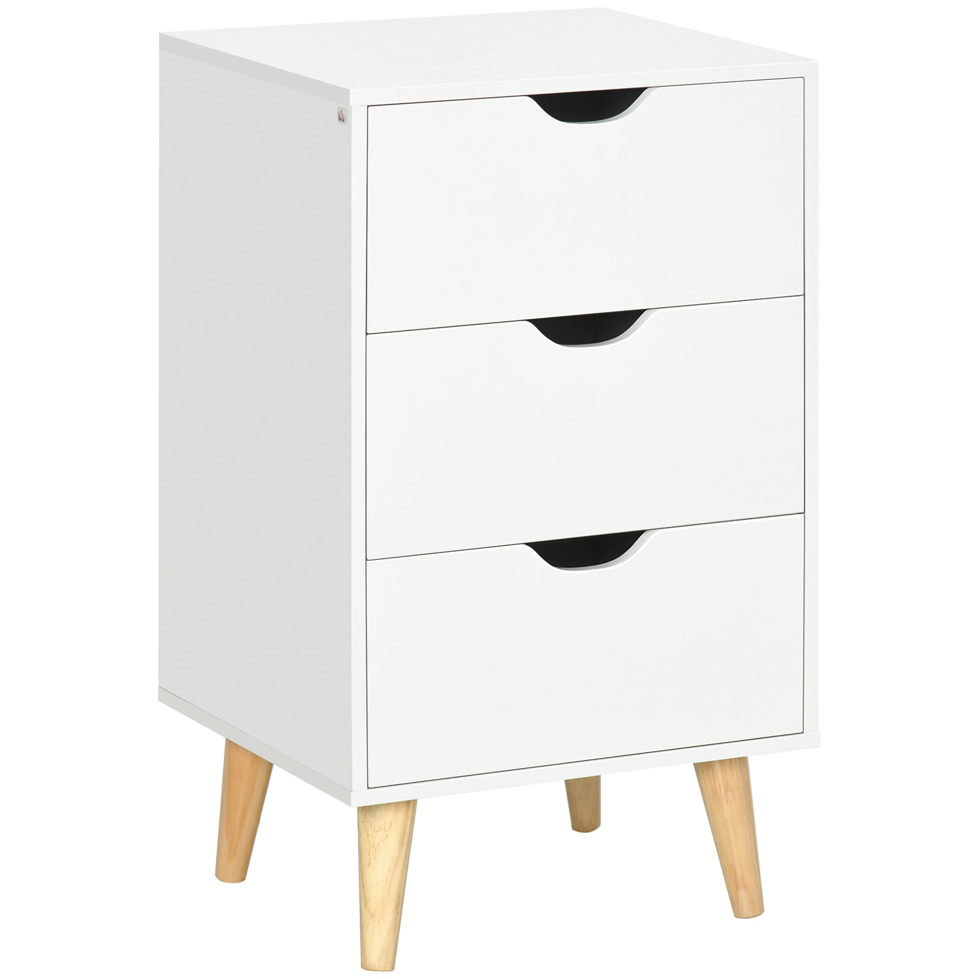 HOMCOM Bedside Table, Bedside Cabinet with 3 Drawers, Small Side Table with Wood Legs and Cut-out Handles for Bedroom, White - North Peak Garden Furniture