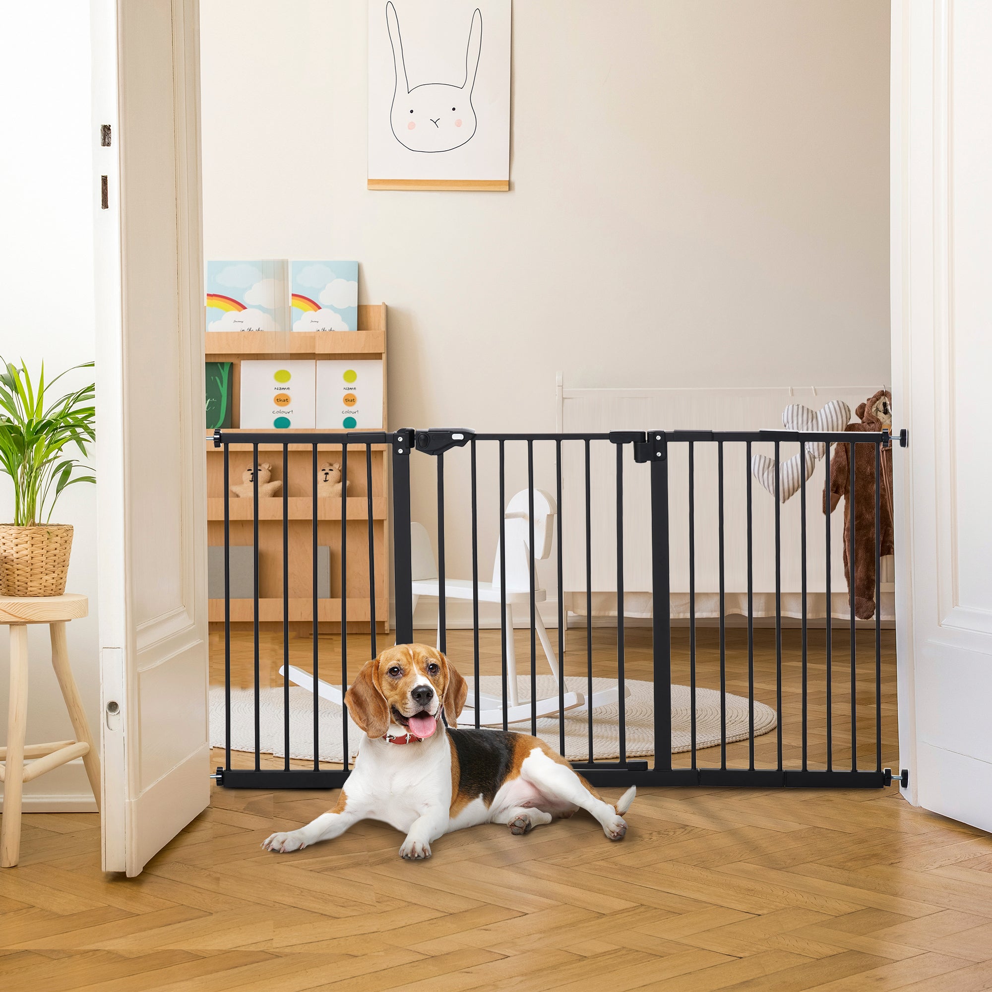 PawHut Dog Gate Stair Gate Pressure Fit Pets Barrier Auto Close for Doorway Hallway, 74-148cm Wide Adjustable, Black - North Peak Garden Furniture