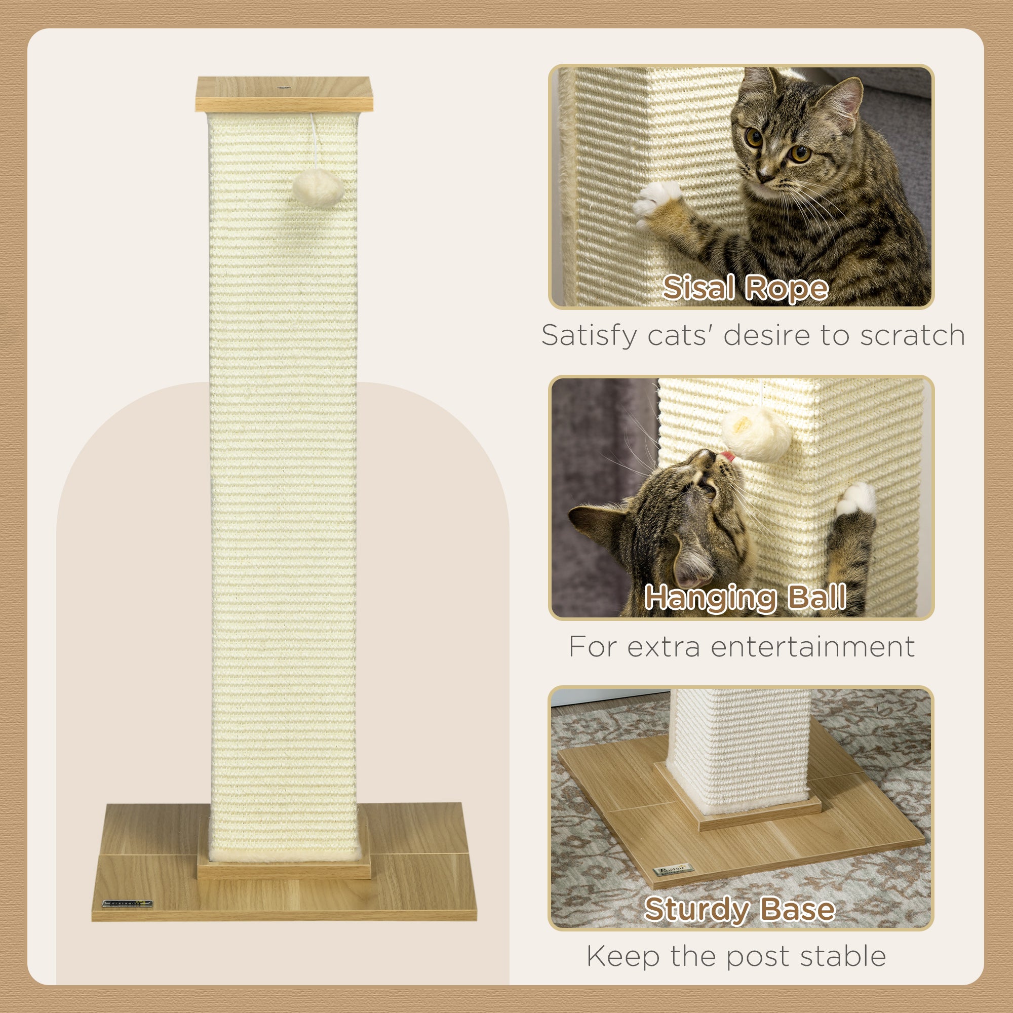 PawHut 80cm Scratching Post, with Toy Ball, Sisal Rope - White