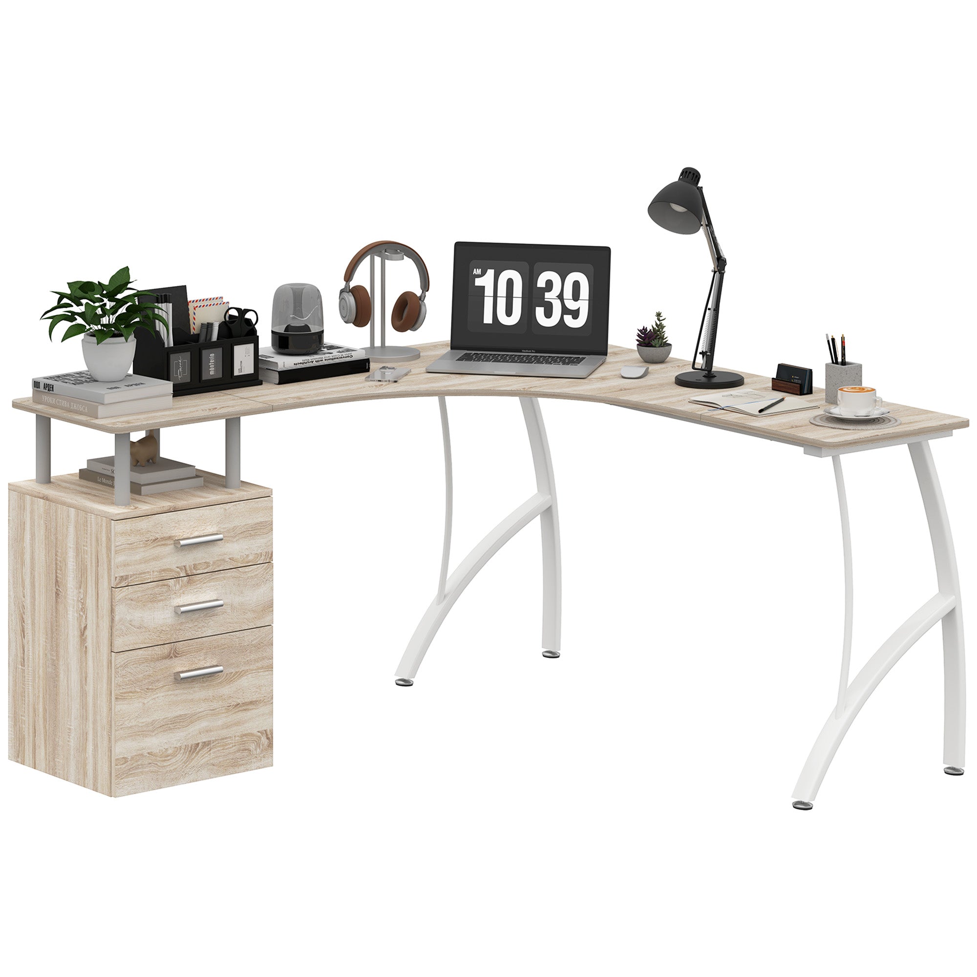 HOMCOM L-Shaped Computer Desk Table with Storage Drawer, Home Office Desk Corner Industrial Style Workstation for A4 Files 143.5 x 143.5 x 76cm, Oak - North Peak Garden Furniture