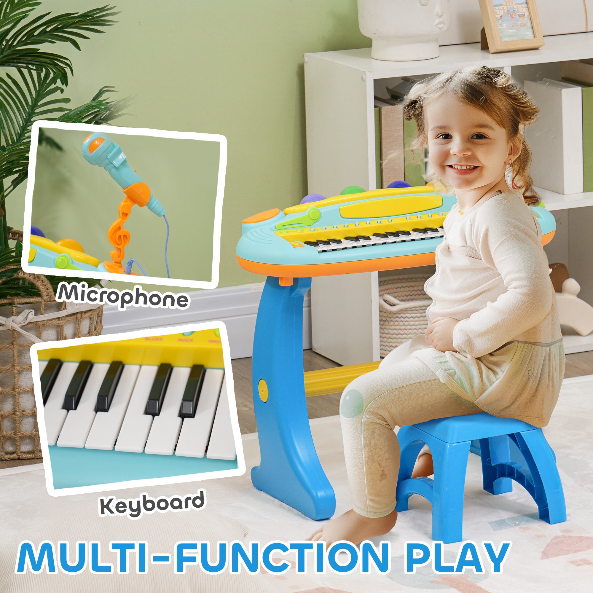 AIYAPLAY 37 Keys Kids Piano w/ Microphone, Stool, LED Lights, Record & Replay Function, Blue - North Peak Garden Furniture