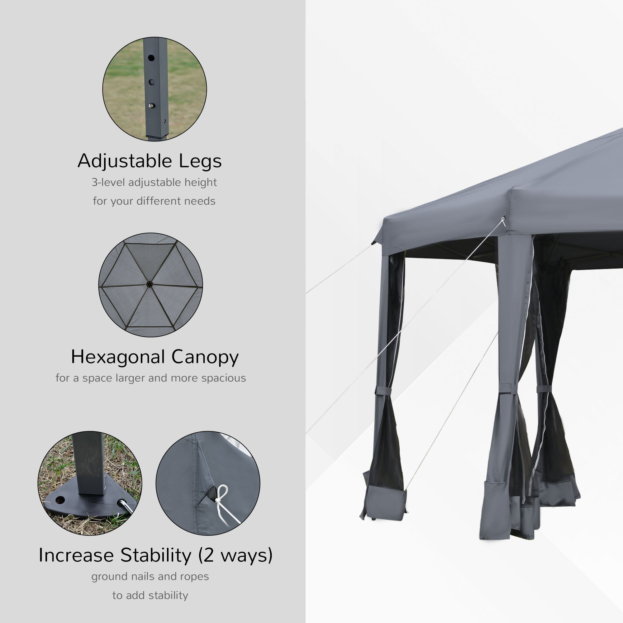 Outsunny 3.2m Pop Up Gazebo Hexagonal Canopy Tent Outdoor Sun Protection with Mesh Sidewalls, Handy Bag, Grey - North Peak Garden Furniture