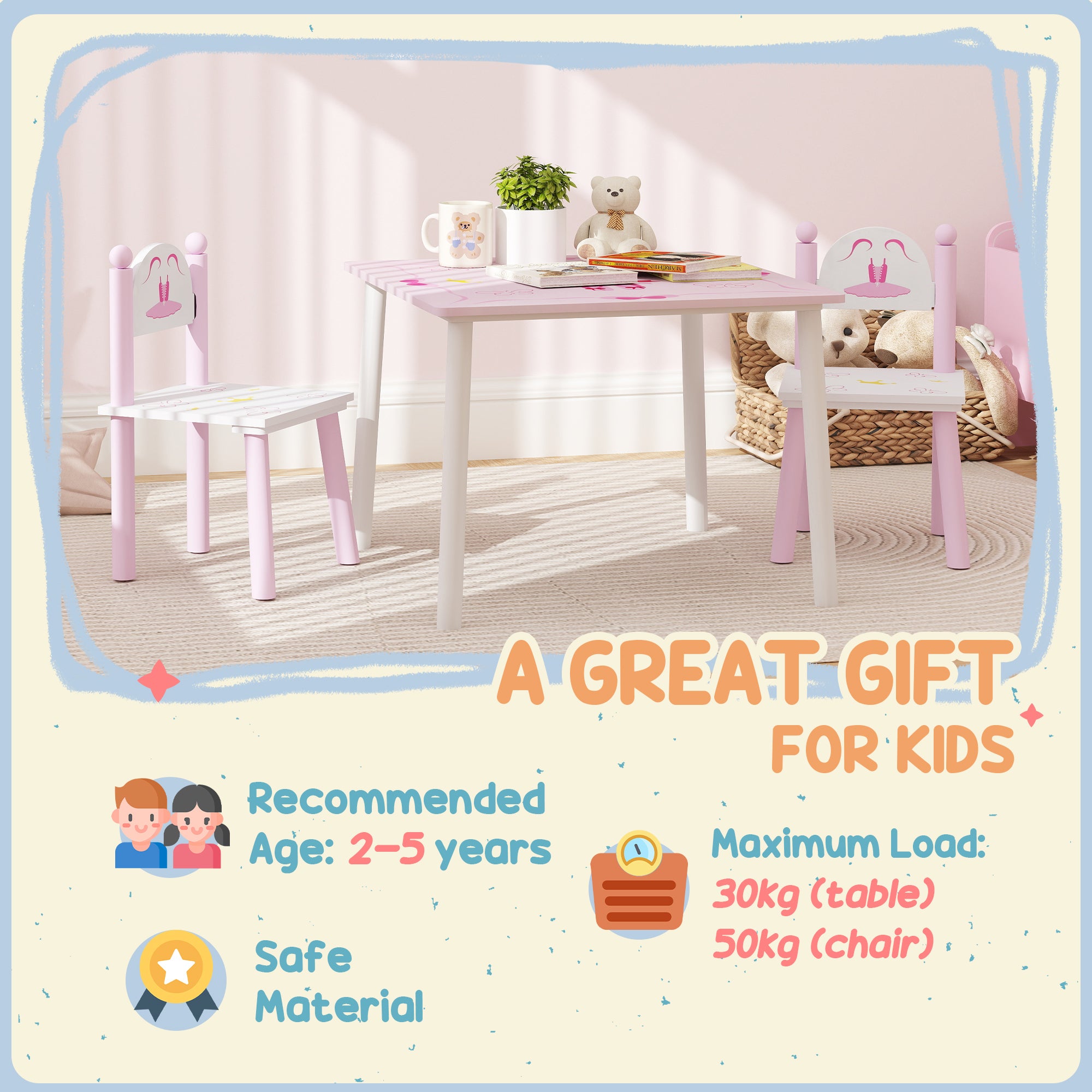 AIYAPLAY Princess Design Kids Table and Chairs Set for Activity, Art, Drawing, Toddler Table and Chairs Set for Playroom, Nursery - North Peak Garden Furniture