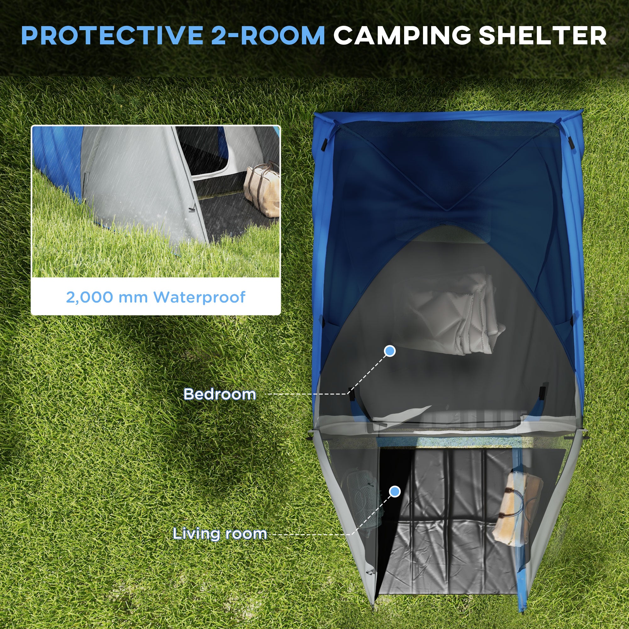 Outsunny Two-Man Dome Tent, with Front Porch and Accessories - Blue/Grey - North Peak Garden Furniture