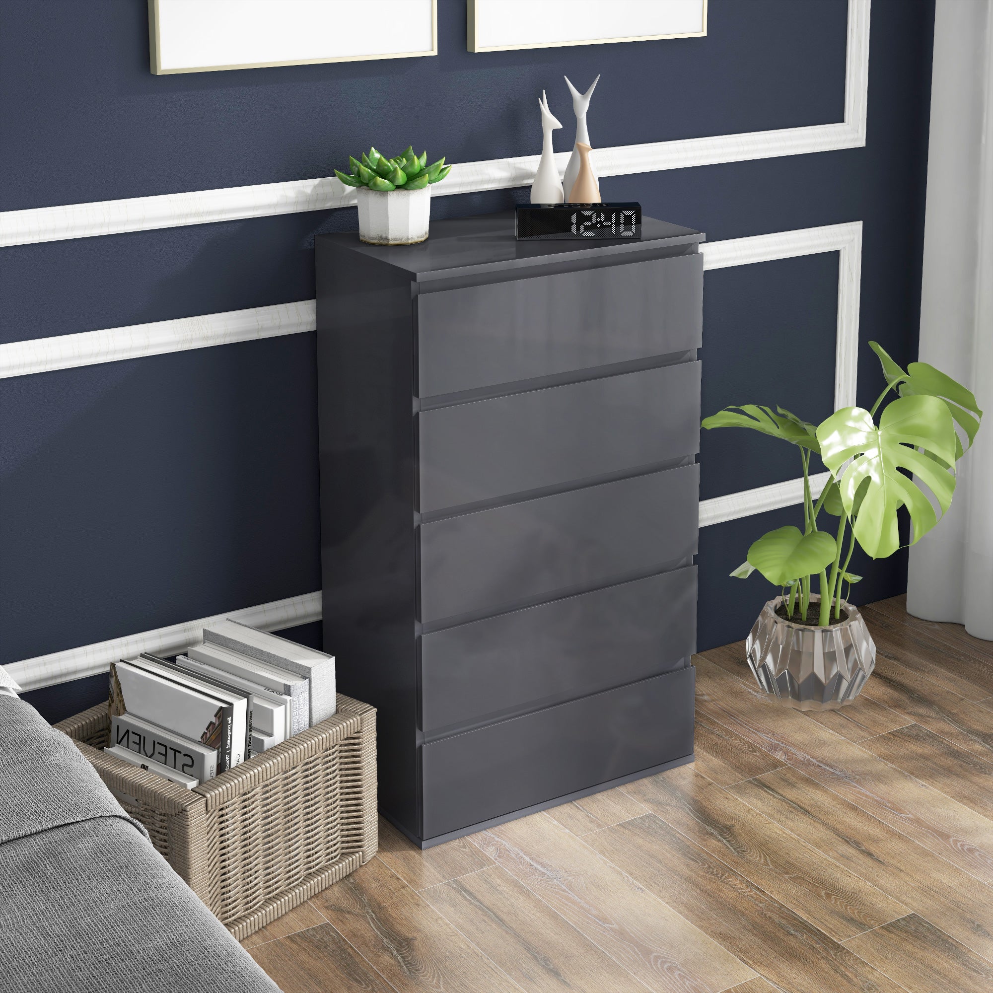 HOMCOM High Gloss Chest of Drawers, 5-Drawer Storage Cabinets, Modern Dresser, Storage Drawer Unit for Bedroom