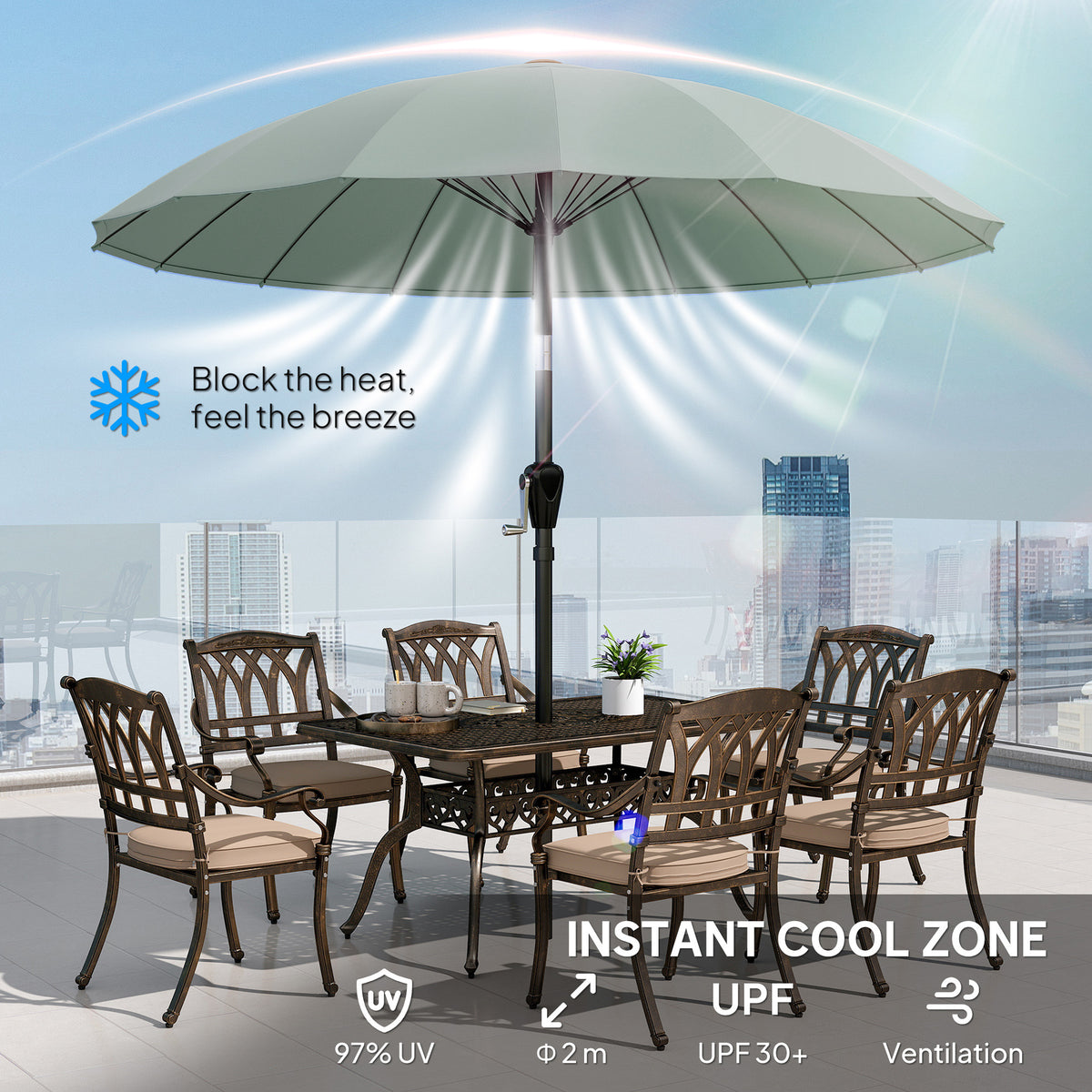 Outsunny 2 m Shanghai Garden Parasol Umbrella with 16 Fibreglass Ribs, Outdoor Parasol Sun Shade with Crank & Tilt, Turquoise