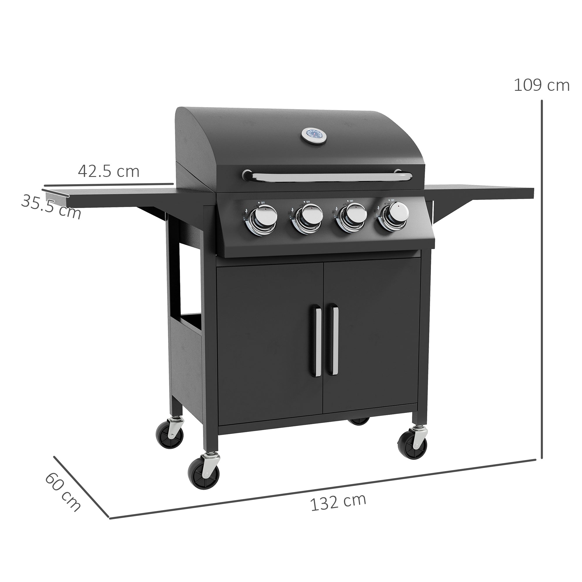 Outsunny 4 Burner Gas BBQ Grill Outdoor Portable Barbecue Trolley w/ Warming Rack, Side Shelves, Storage Cabinet, Thermometer - North Peak Garden Furniture