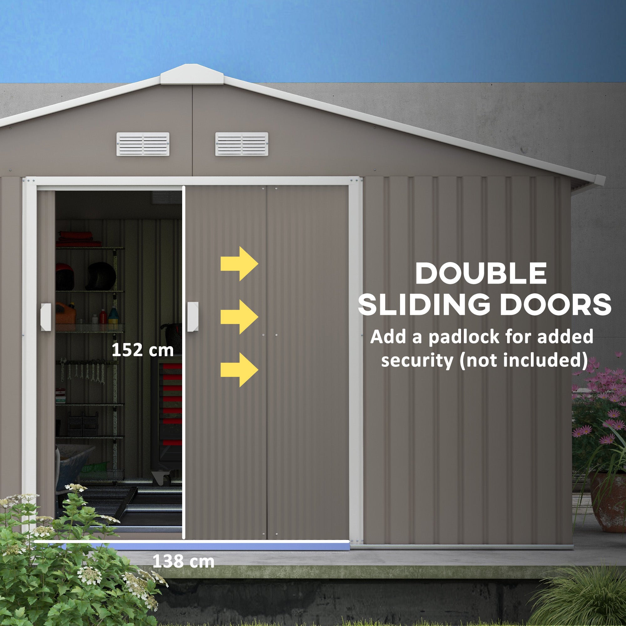 Outsunny 13 x 11ft Garden Metal Storage Shed Outdoor Storage Shed with Foundation Kit Ventilation & Doors, Light Grey - North Peak Garden Furniture