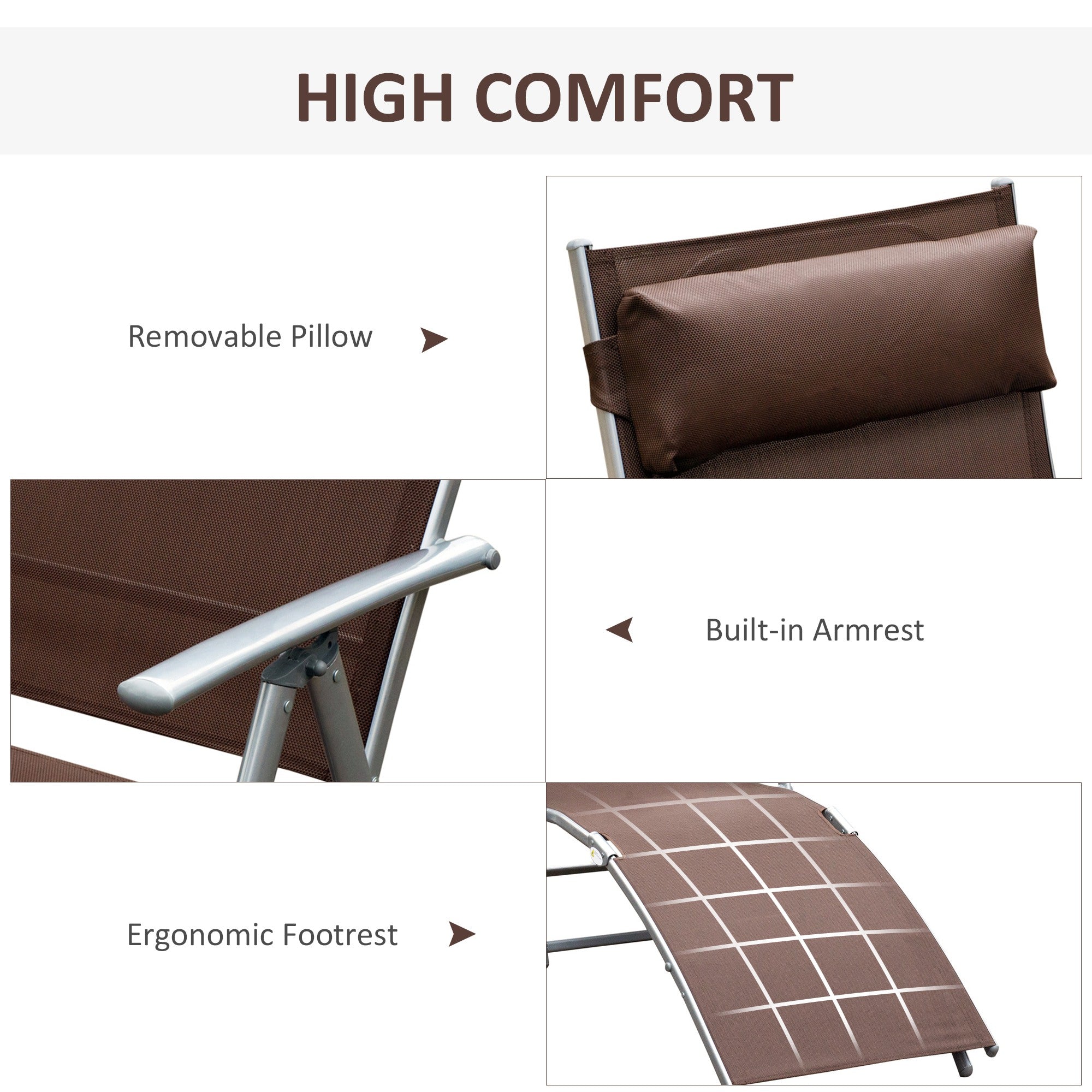 Outsunny Sun Lounger Steel Frame Outdoor Folding Chaise Texteline Lounge Chair Recliner with Headrest & 7 Levels Adjustable Backrest, Brown - North Peak Garden Furniture