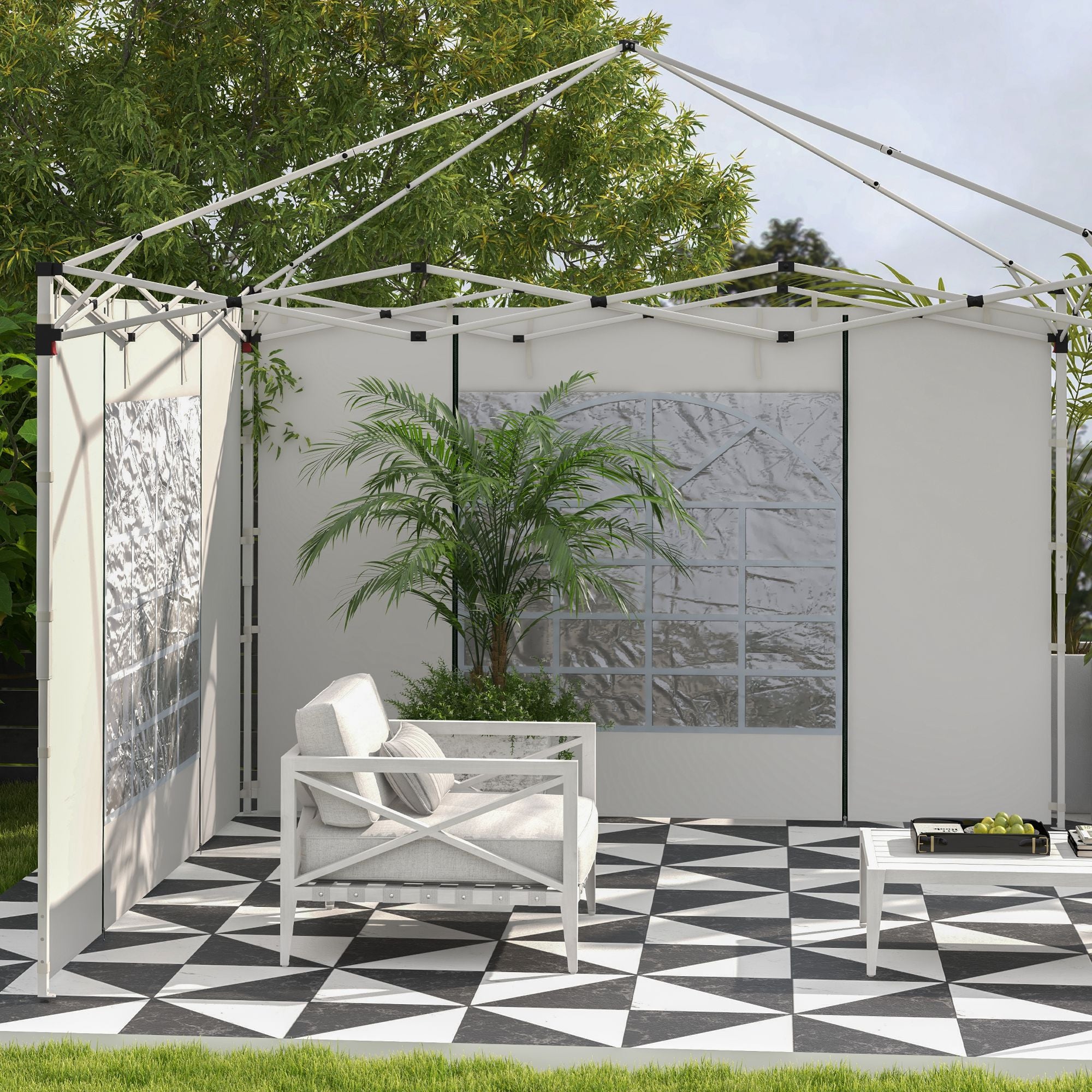 Outsunny Gazebo Side Panels, 2 Pack Sides Replacement, for 3x3(m) or 3x6m Pop Up Gazebo, with Windows and Doors, White - North Peak Garden Furniture