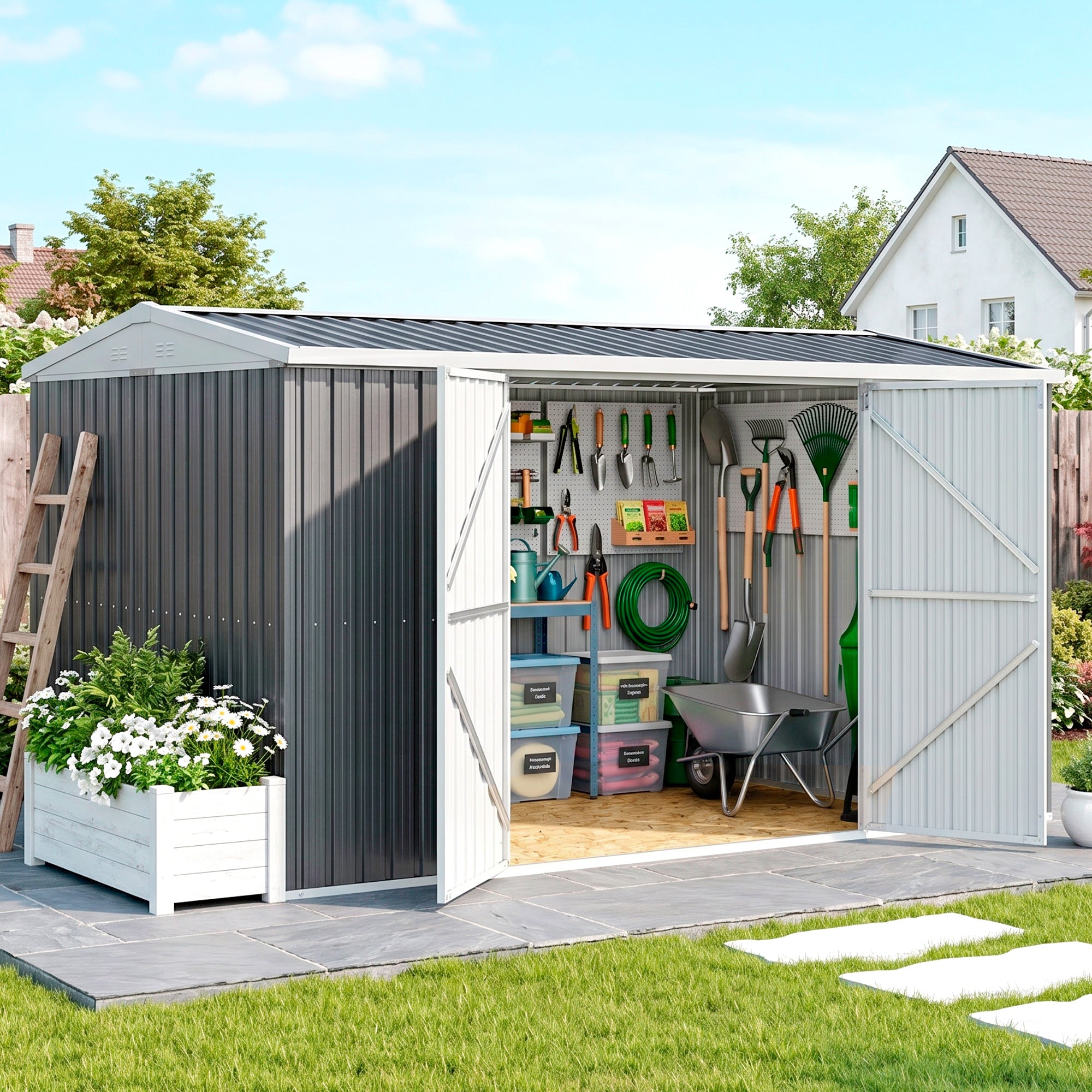 Outsunny 14 x 8ft Outdoor Garden Metal Storage Shed with Lockable Door, Tool Storage Box for Garden, Patio and Lawn, Grey