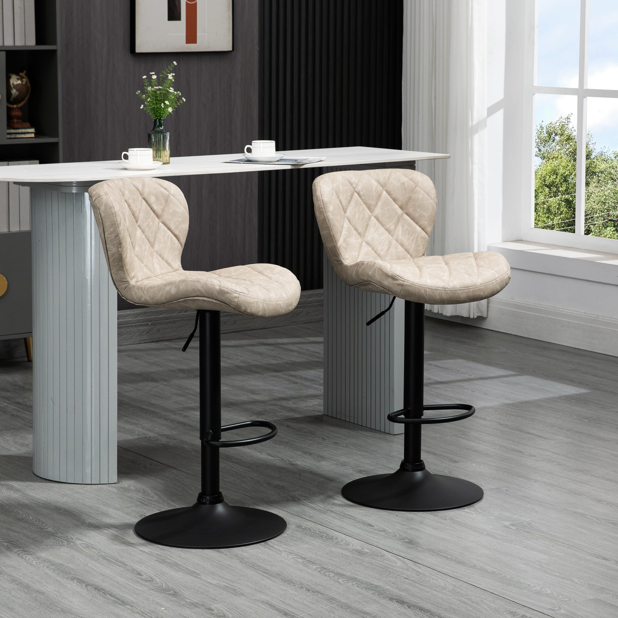 HOMCOM Bar Stools, Set of 2 Breakfast Bar Chairs, Swivel Barstools with Backrest and Footrest, Steel Frame Diamond Pattern PU, for Kitchen Counter, Dining Room, Light Khaki - North Peak Garden Furniture