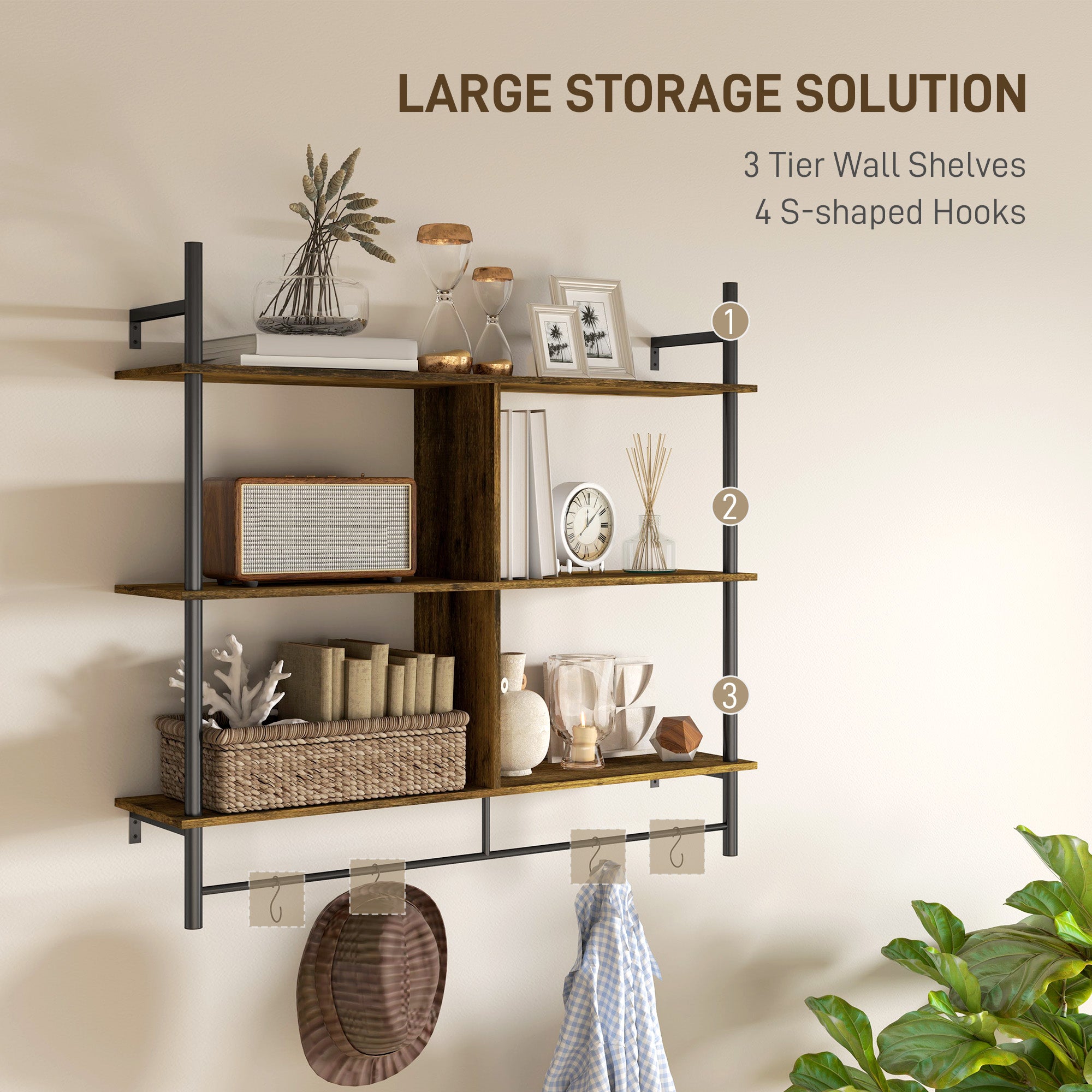 HOMCOM Three-Tier Floating Shelf - Brown/Black - North Peak Garden Furniture