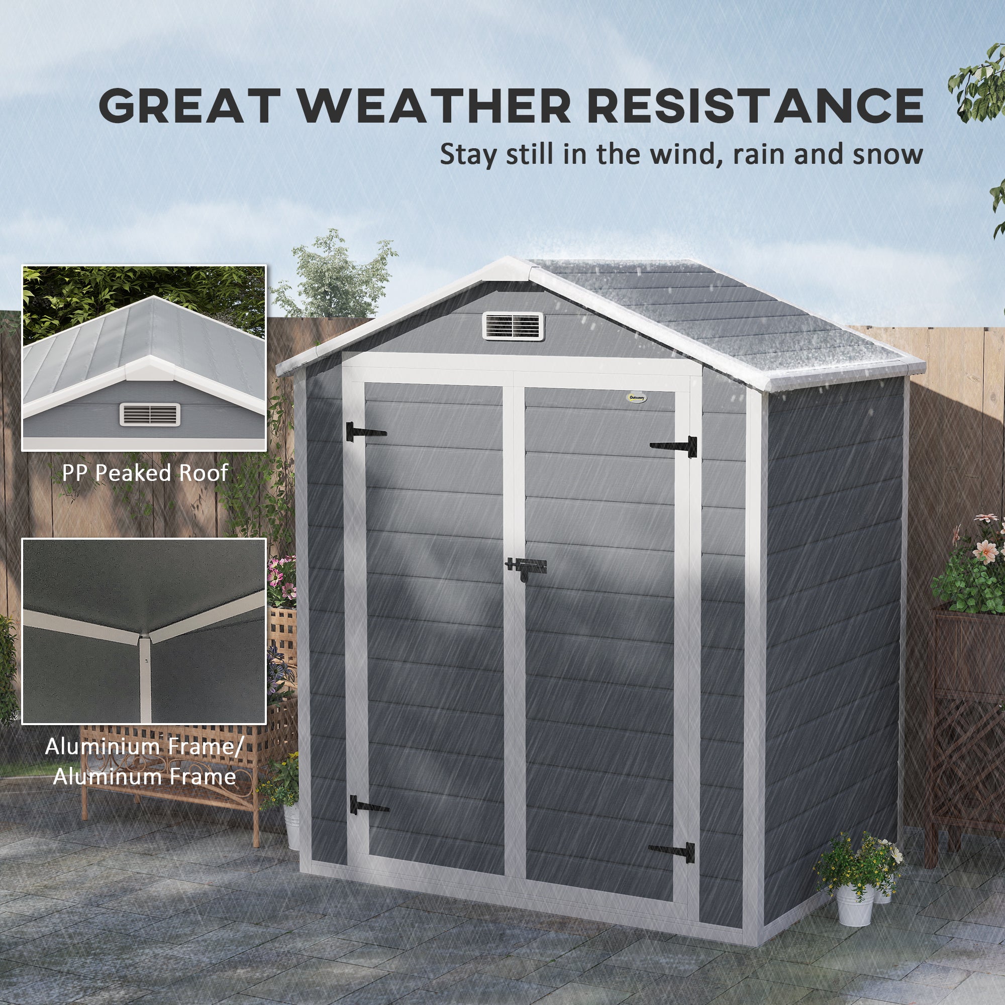 Outsunny 6'x4.5' Garden Storage Shed, Lockable Garden Shed with Double Doors, Window, Vent and Plastic Roof, Grey - North Peak Garden Furniture