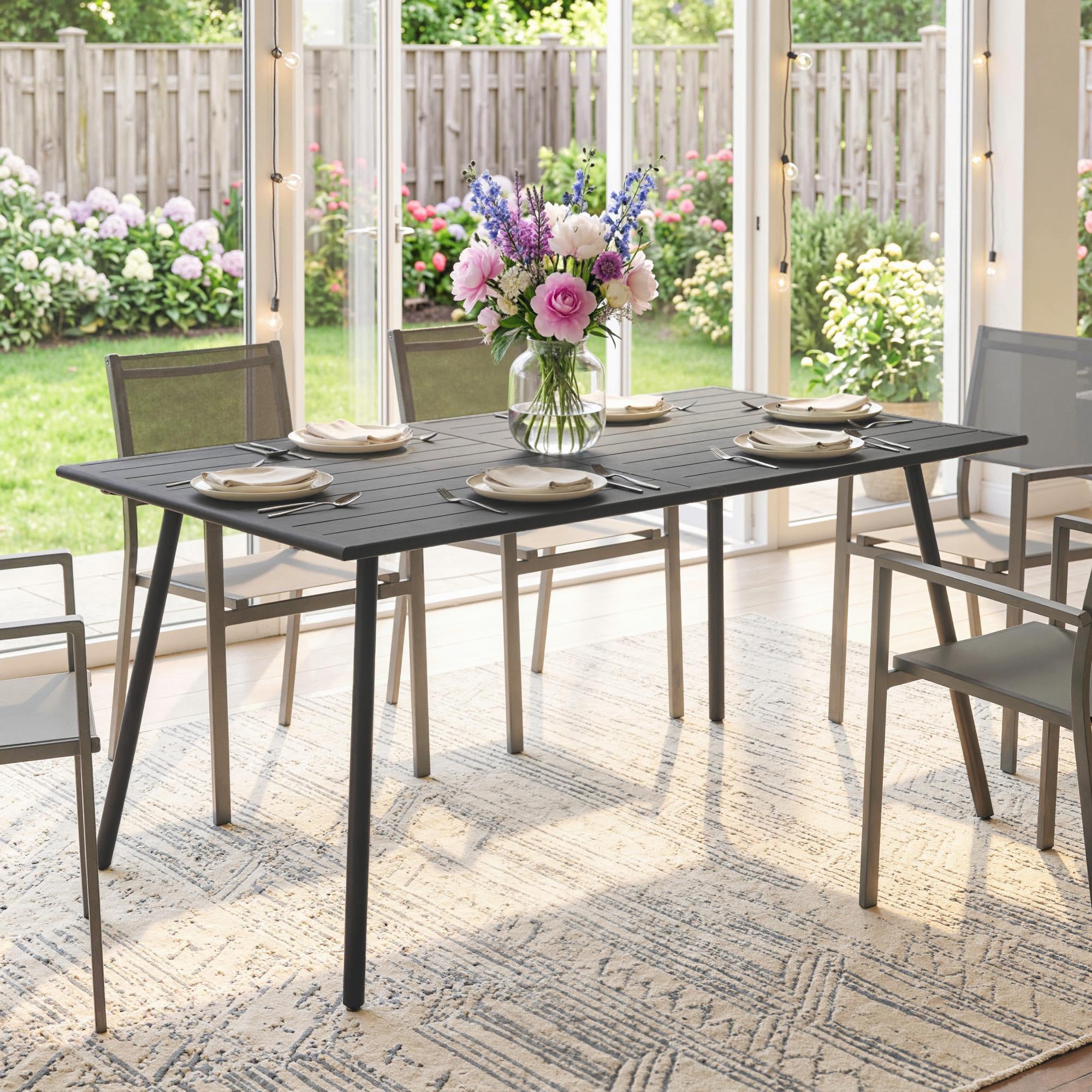Outsunny Rectangle Garden Table with Slat Top, Steel Frame, Outdoor Table for 6 Person, 150 x 80 x 74 cm, Grey