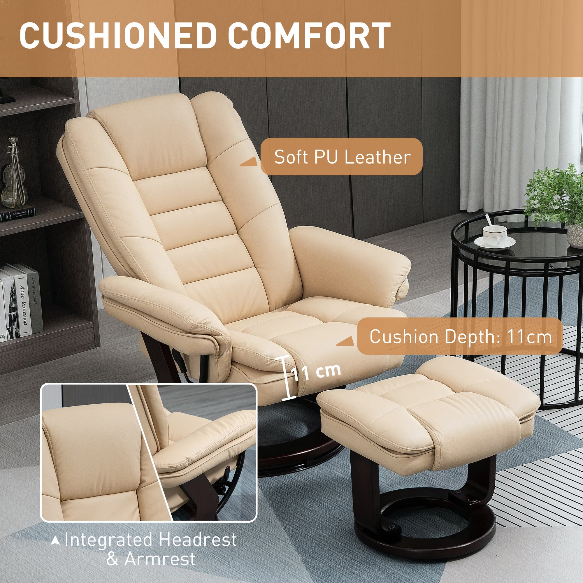 HOMCOM Faux Leather Extra-Padded Reclining Chair & Footstool Beige - North Peak Garden Furniture