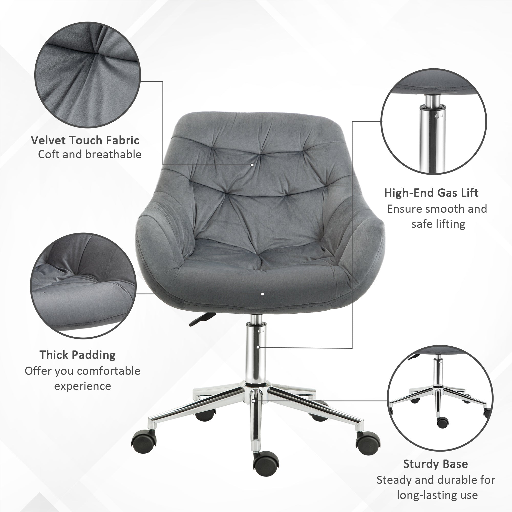 Vinsetto Home Office Chair Velvet Ergonomic Computer Chair Comfy Desk Chair with Adjustable Height, Arm and Back Support, Dark Grey - North Peak Garden Furniture