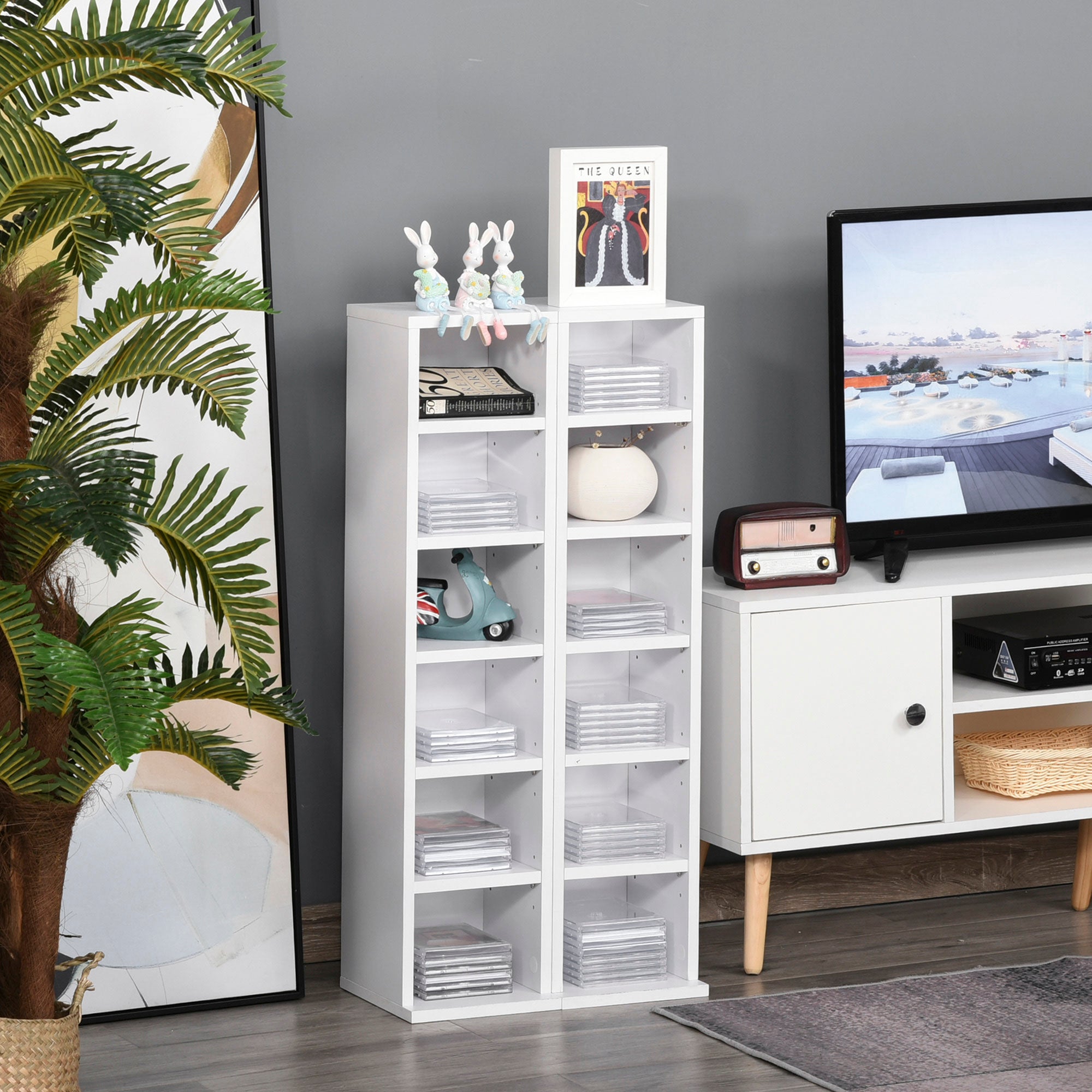 HOMCOM 204 CD Media Display Shelf Unit Set of 2 Blu-Ray Tower Rack w/ Adjustable Shelves Bookcase Storage Organiser, White - North Peak Garden Furniture