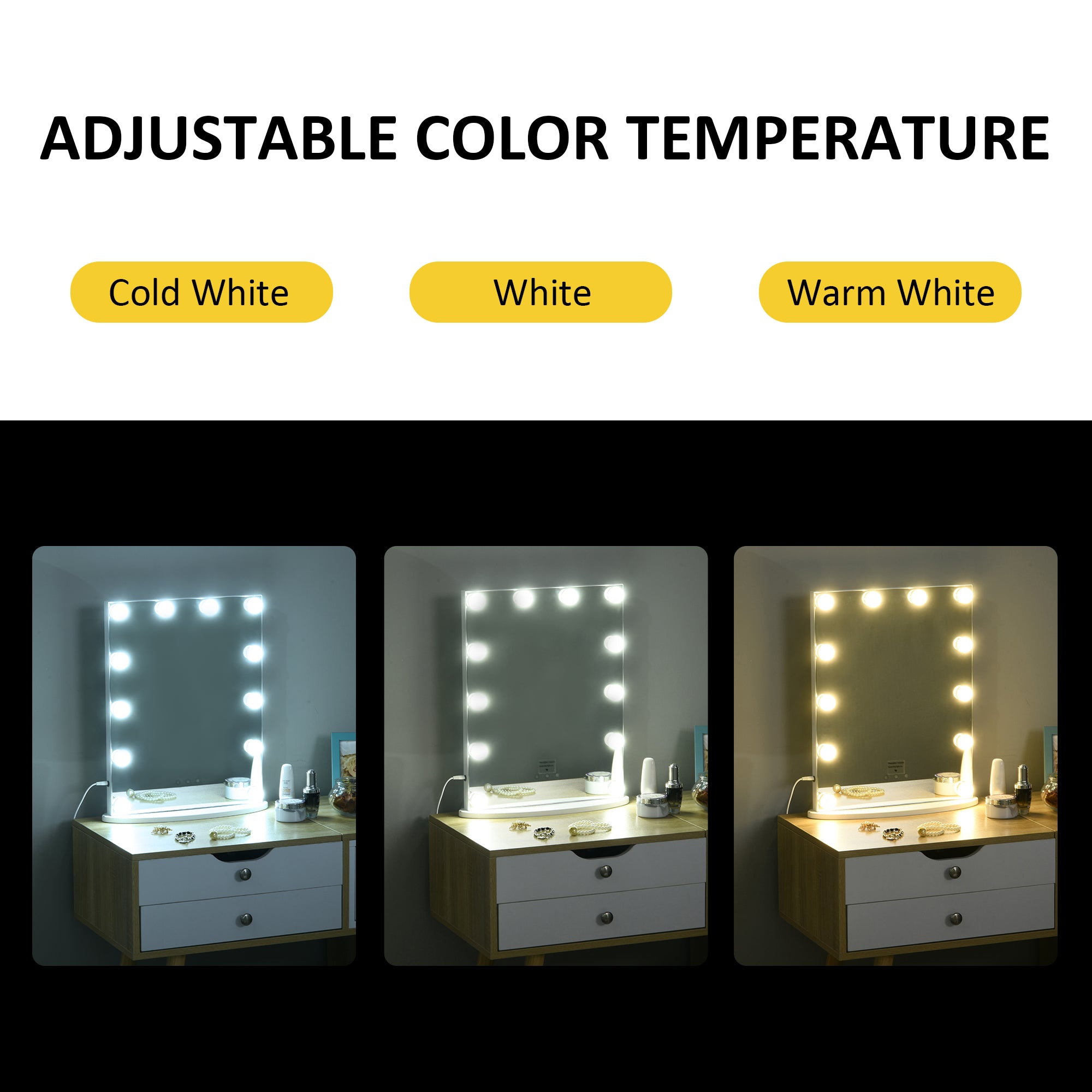 HOMCOM Hollywood Mirror with Lights for Makeup Dressing Table, Lighted Vanity Mirror with 12 Dimmable LED Bulbs and USB Plug in Power Supply, White - North Peak Garden Furniture