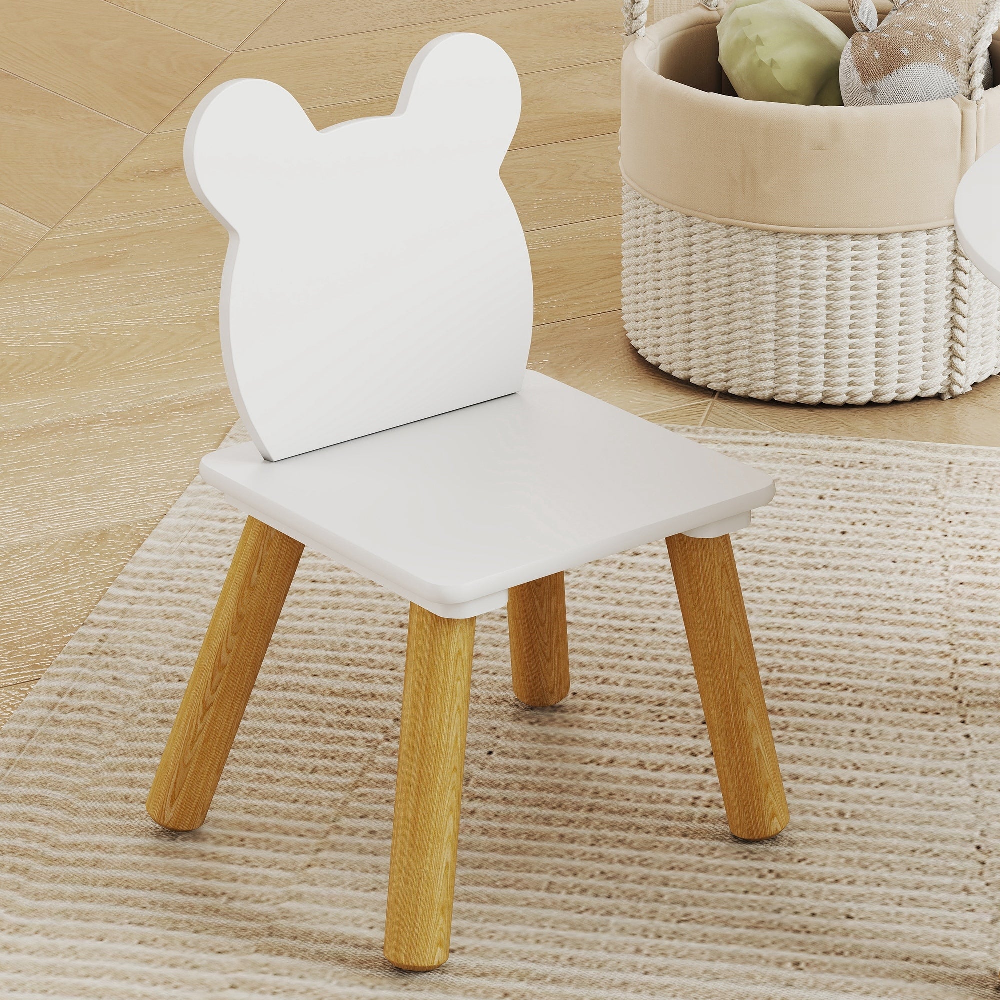 AIYAPLAY 3-Piece Kids Activity Table Set with Centre Mesh Bag, Bear-Shaped Backrest, for Arts and Crafts, Reading, White