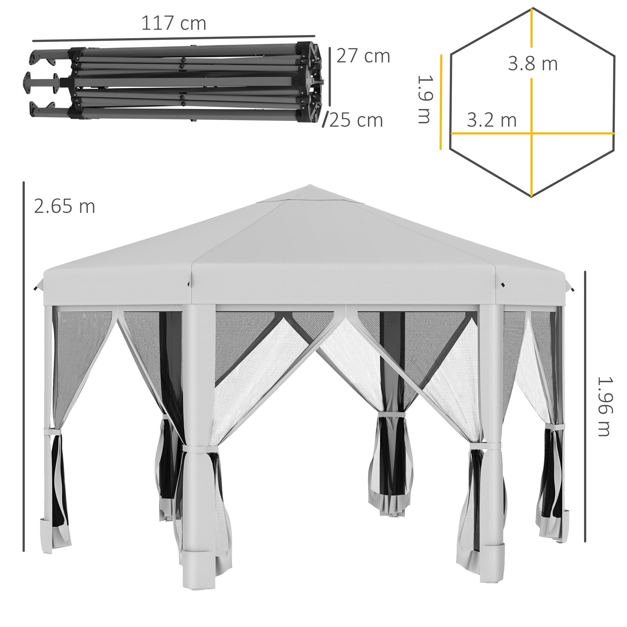 Outsunny 3.2m Pop Up Gazebo Hexagonal Canopy Tent Outdoor Sun Protection with Mesh Sidewalls, Handy Bag, Light Grey - North Peak Garden Furniture
