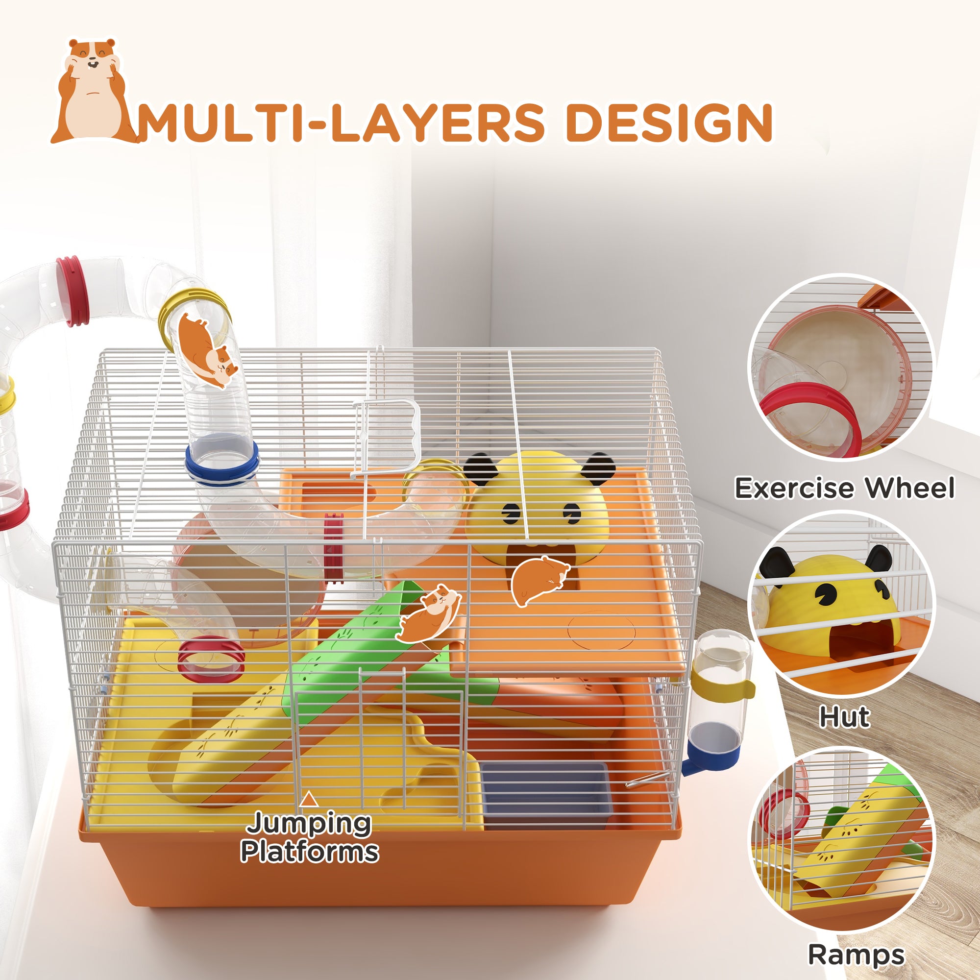 PawHut 3 Tiers Gerbil Cage, Hamster Cage with Tubes, Exercise Wheel, Ladder, Top Handle, 45 x 28 x 37cm - Orange - North Peak Garden Furniture