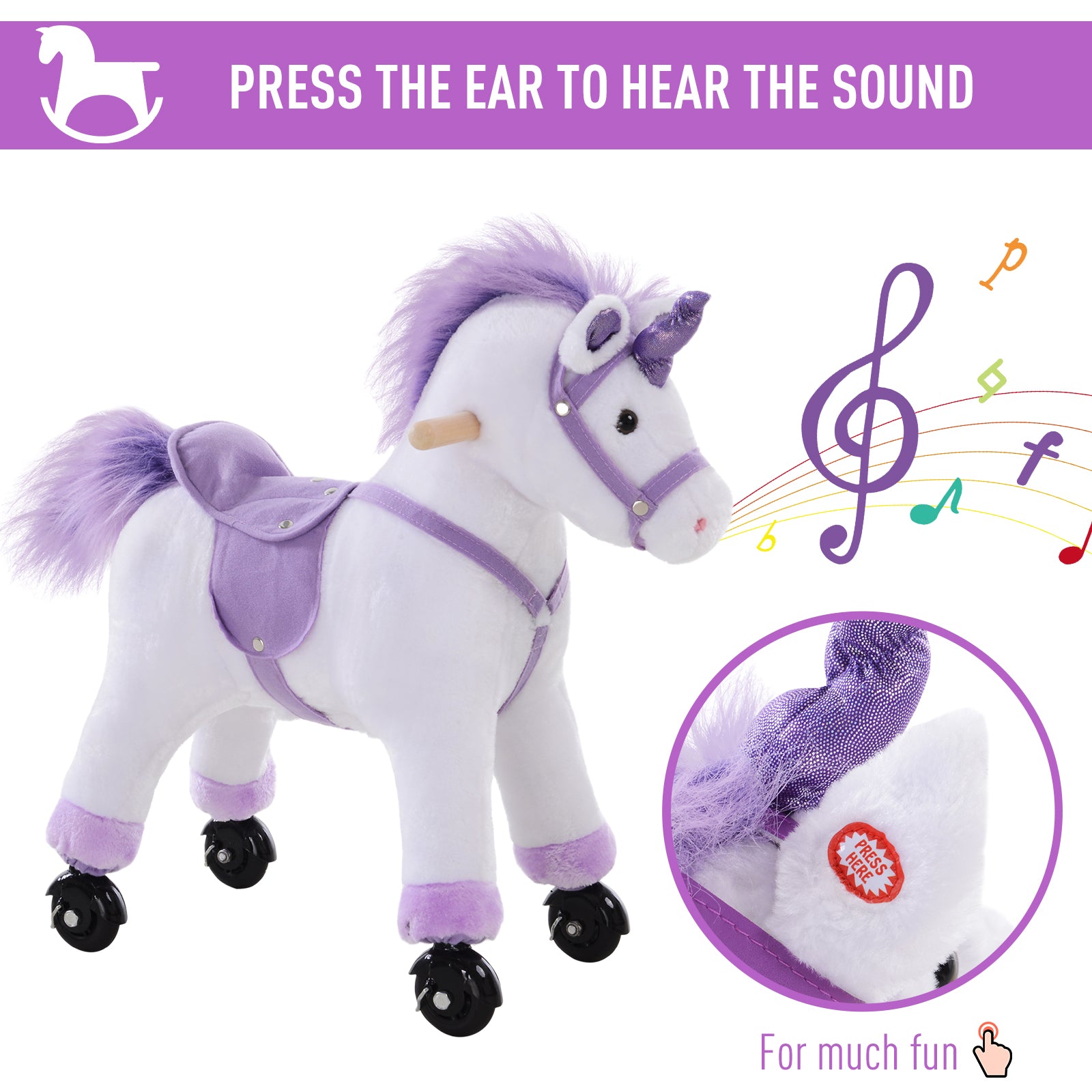 HOMCOM Kids Rocking Horse Plush Ride on Walking Unicorn Horse w/Realistic Sound  Ride On Rocker with Handlebar for Age 3+ Purple