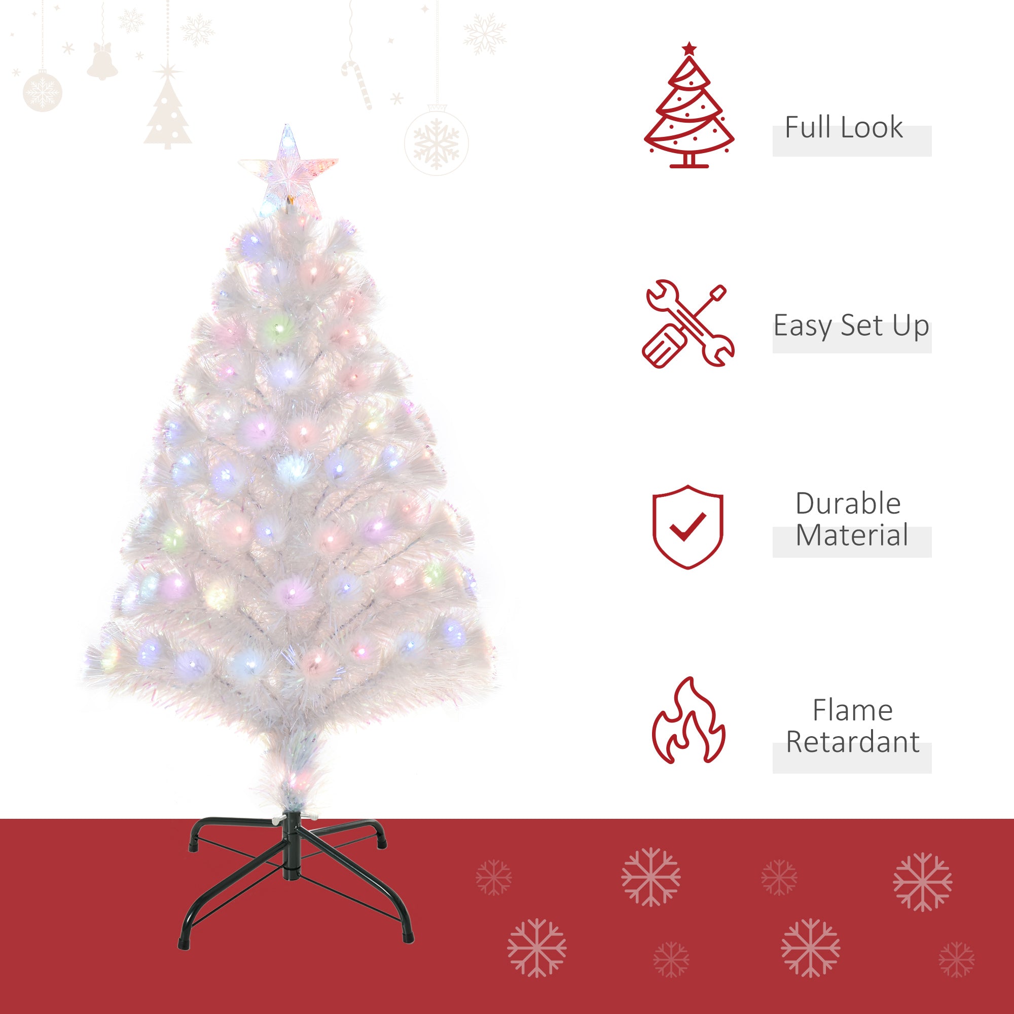 HOMCOM 3FT Pre-Lit Artificial Christmas Tree w/ Fibre Optic LED Lights Holiday Home Xmas Decoration-White - North Peak Garden Furniture