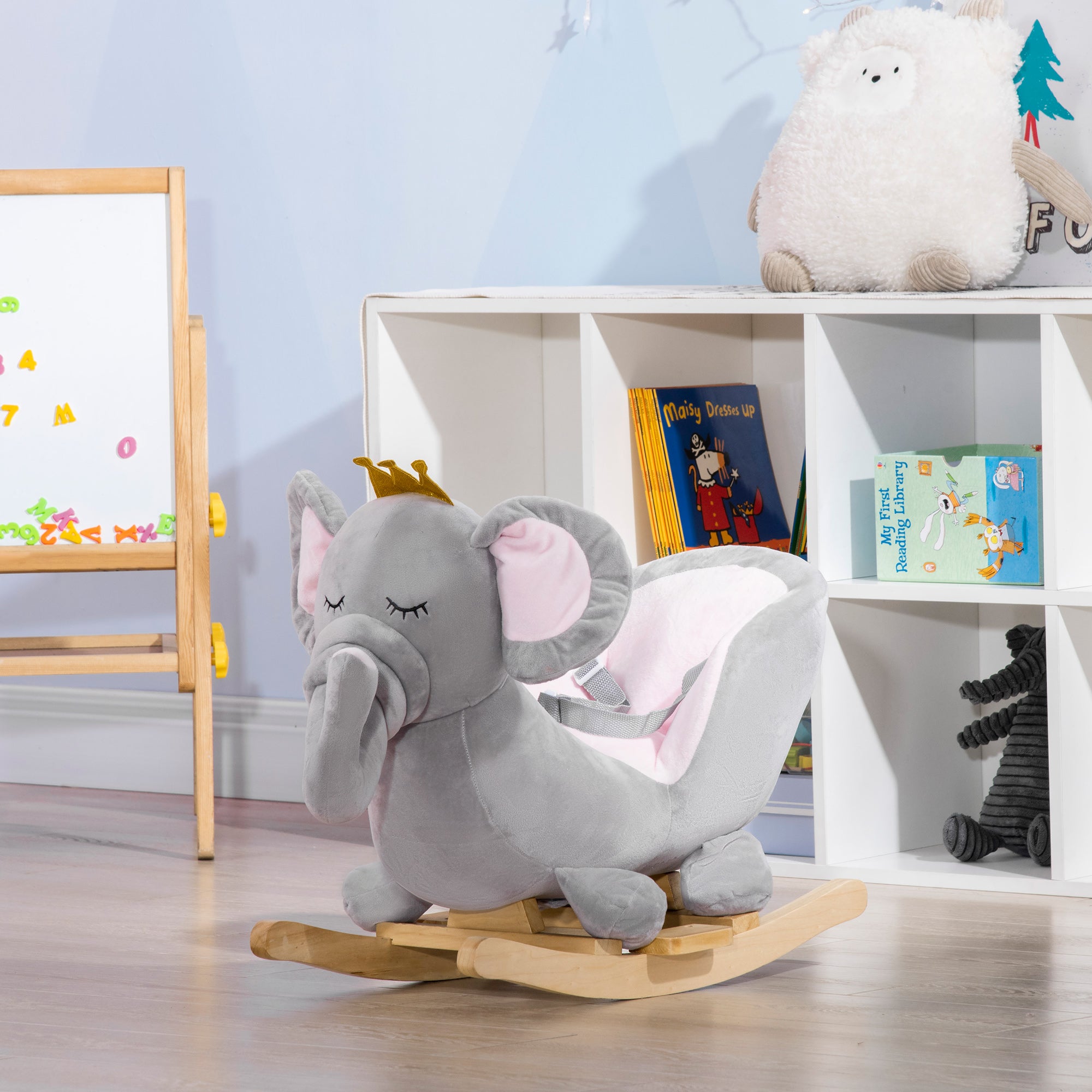 HOMCOM Kids Elephant-Designed Rocking Horse, with Safety Belt, Wooden Base, for Ages 18-36 Months - Grey - North Peak Garden Furniture