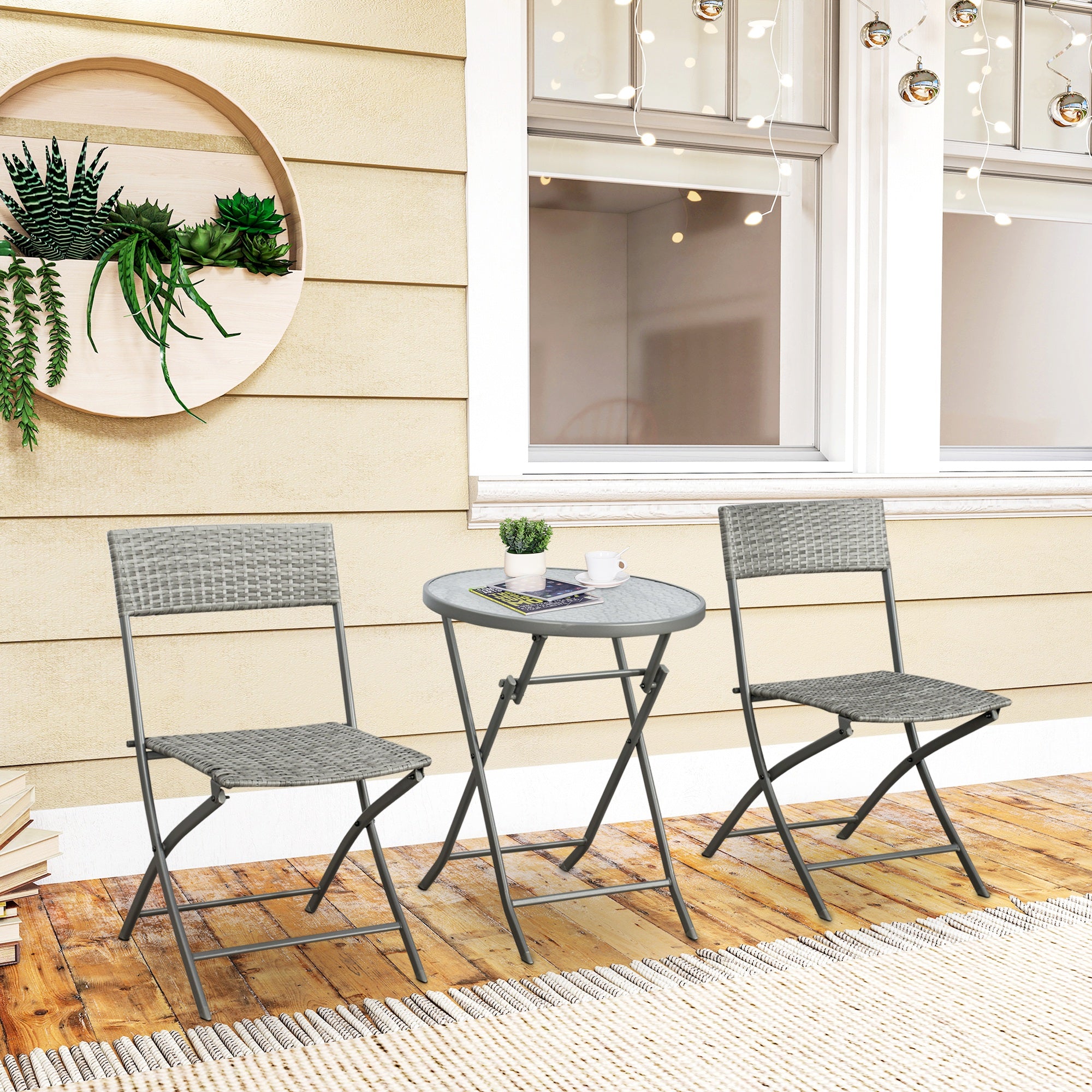 Outsunny 3 Pieces Rattan Bistro Set, Wicker Folding Garden Furniture Set with Glass Top Coffee Table and Chairs for Outdoor, Patio, Balcony, Grey - North Peak Garden Furniture