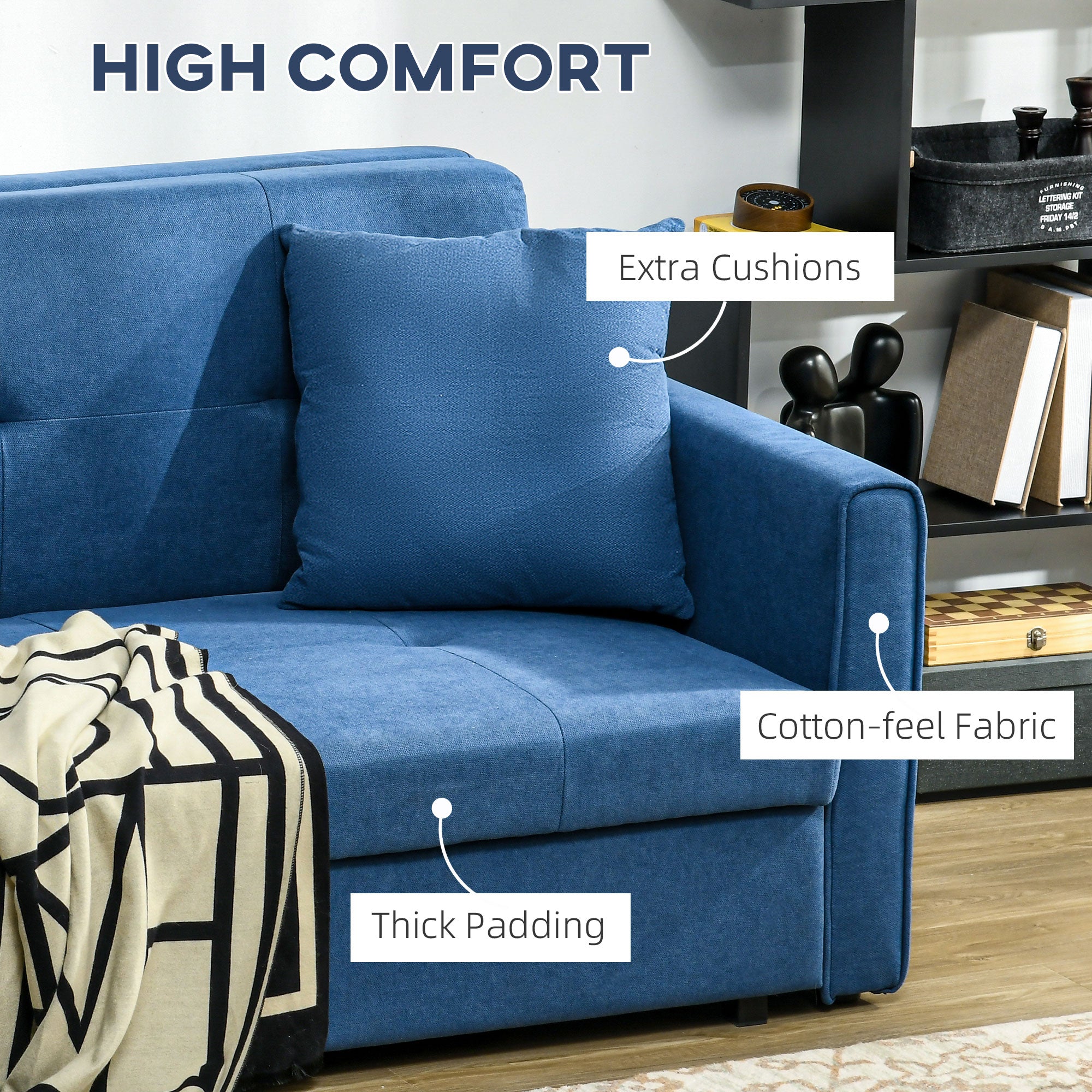 HOMCOM 2 Seater Sofa Bed, Convertible Bed Settee, Modern Fabric Loveseat Sofa Couch with 2 Cushions, Hidden Storage for Living Room, Guest Room, Deep Blue - North Peak Garden Furniture