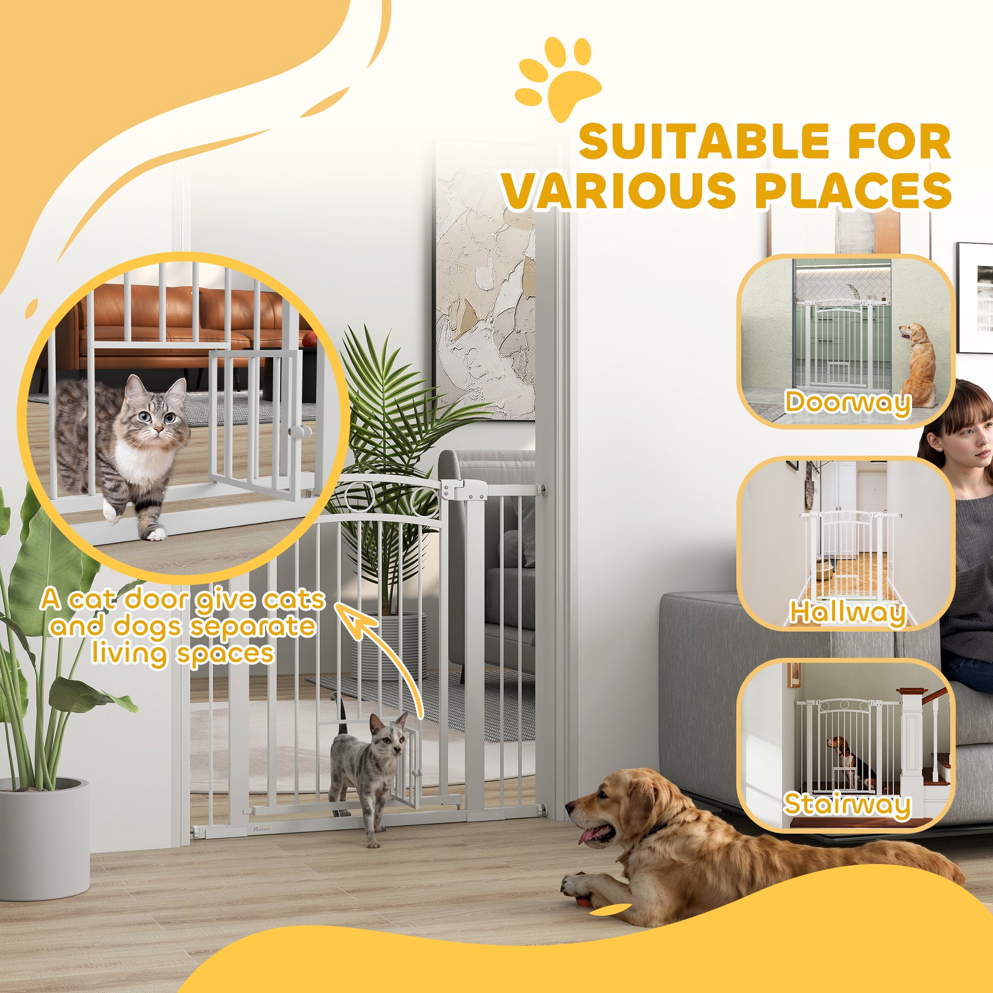 PawHut 96cm Tall Dog Gate with Cat Door, 7cm and 14cm Extensions, for Stairs, Doorways, 76-104cm Width