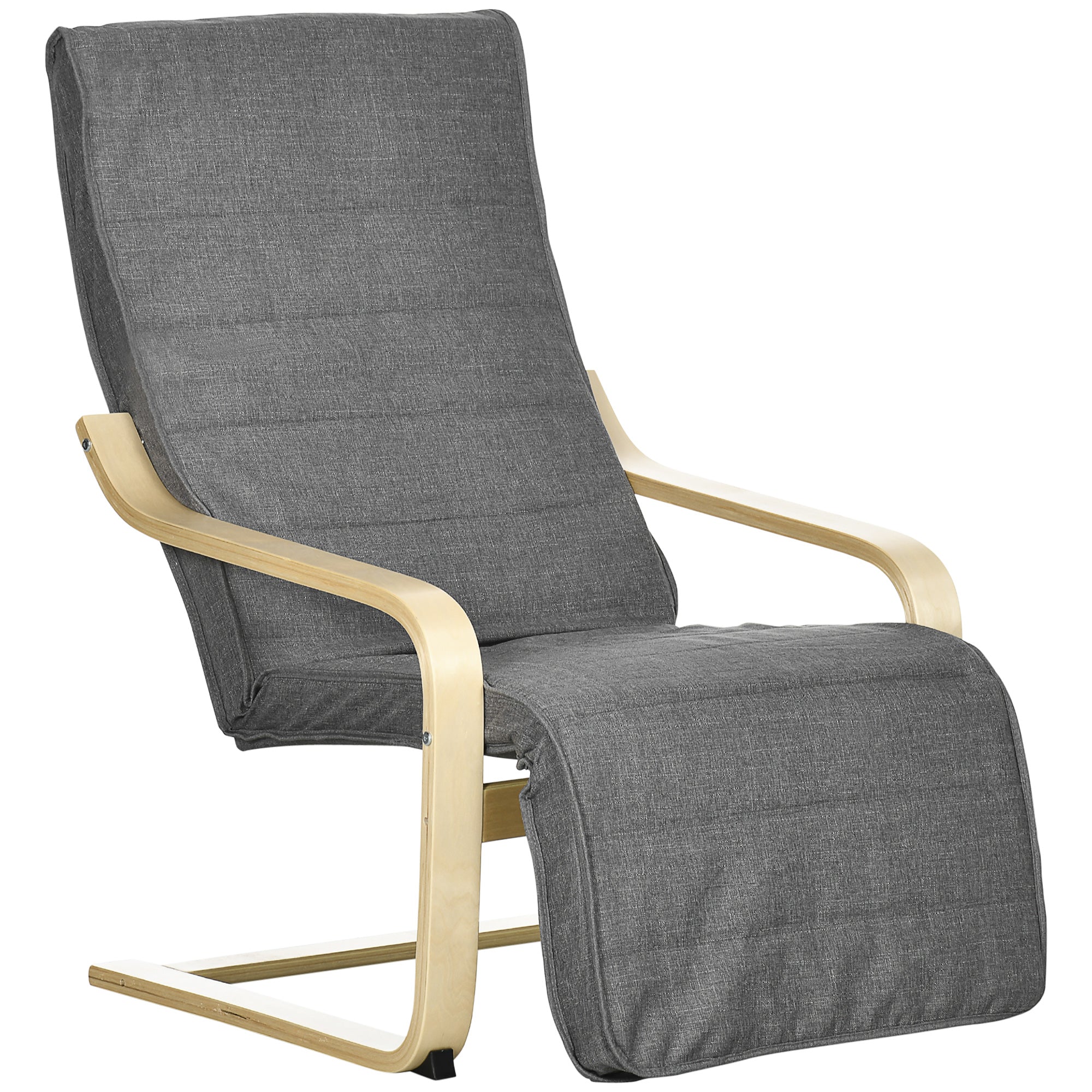 HOMCOM Wooden Lounging Chair Deck Relaxing Recliner Lounge Seat with Adjustable Footrest & Removable Cushion, Dark Grey - North Peak Garden Furniture