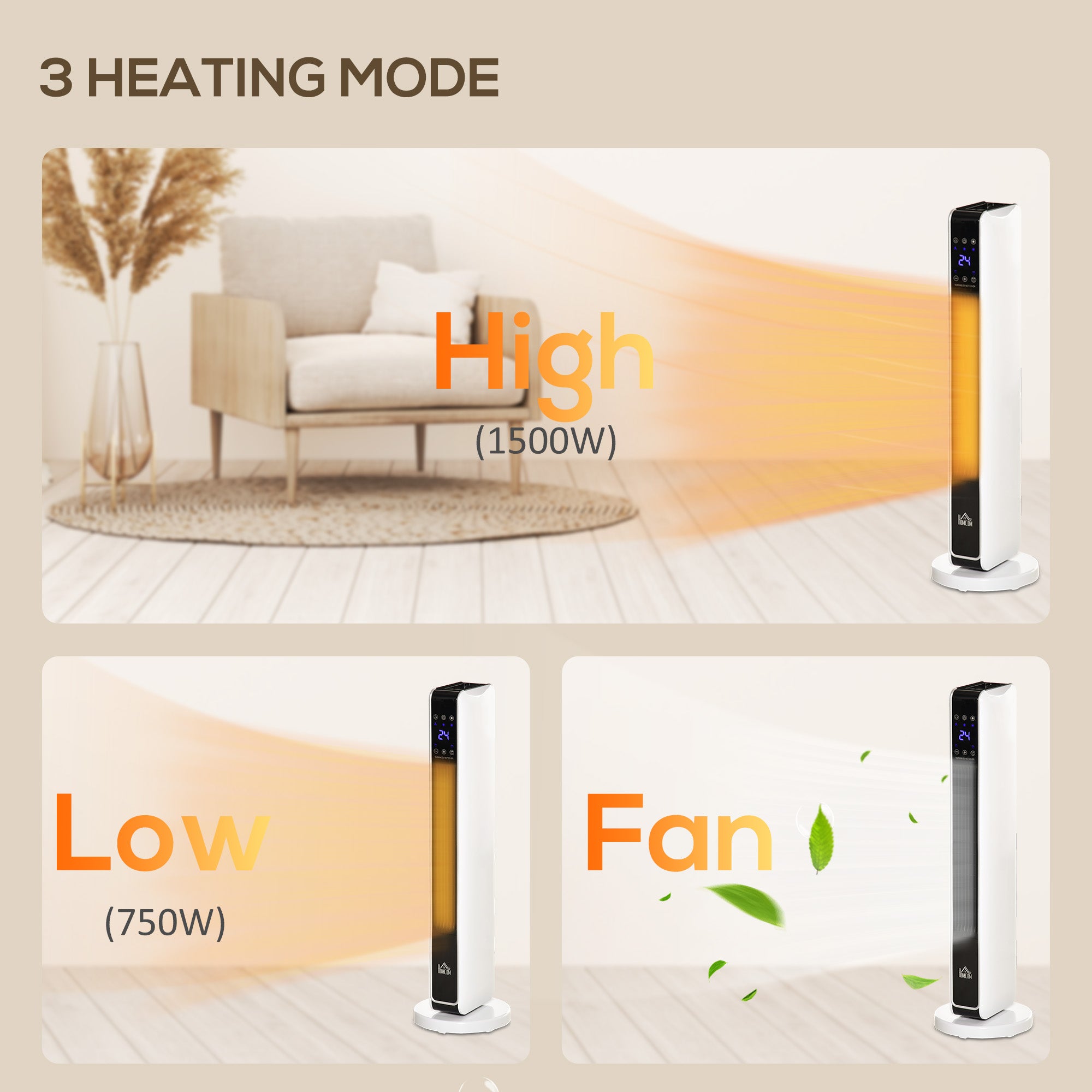 HOMCOM Indoor Tower Space Heater with 2 Heater 1100W/2200W and Fan, Floor Electric Heater for Office, with Timer, Remote - North Peak Garden Furniture