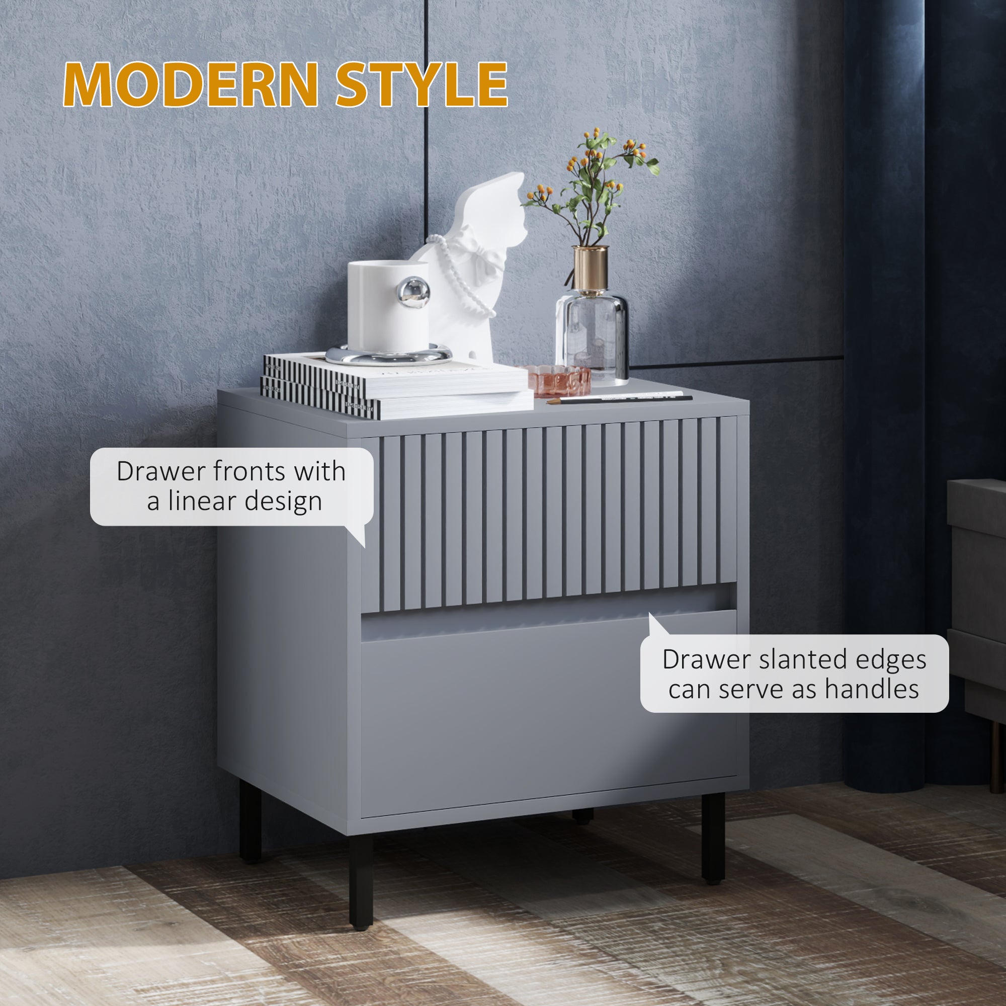 HOMCOM Simple Line Indented Two-Drawer Bedside Table - Grey - North Peak Garden Furniture