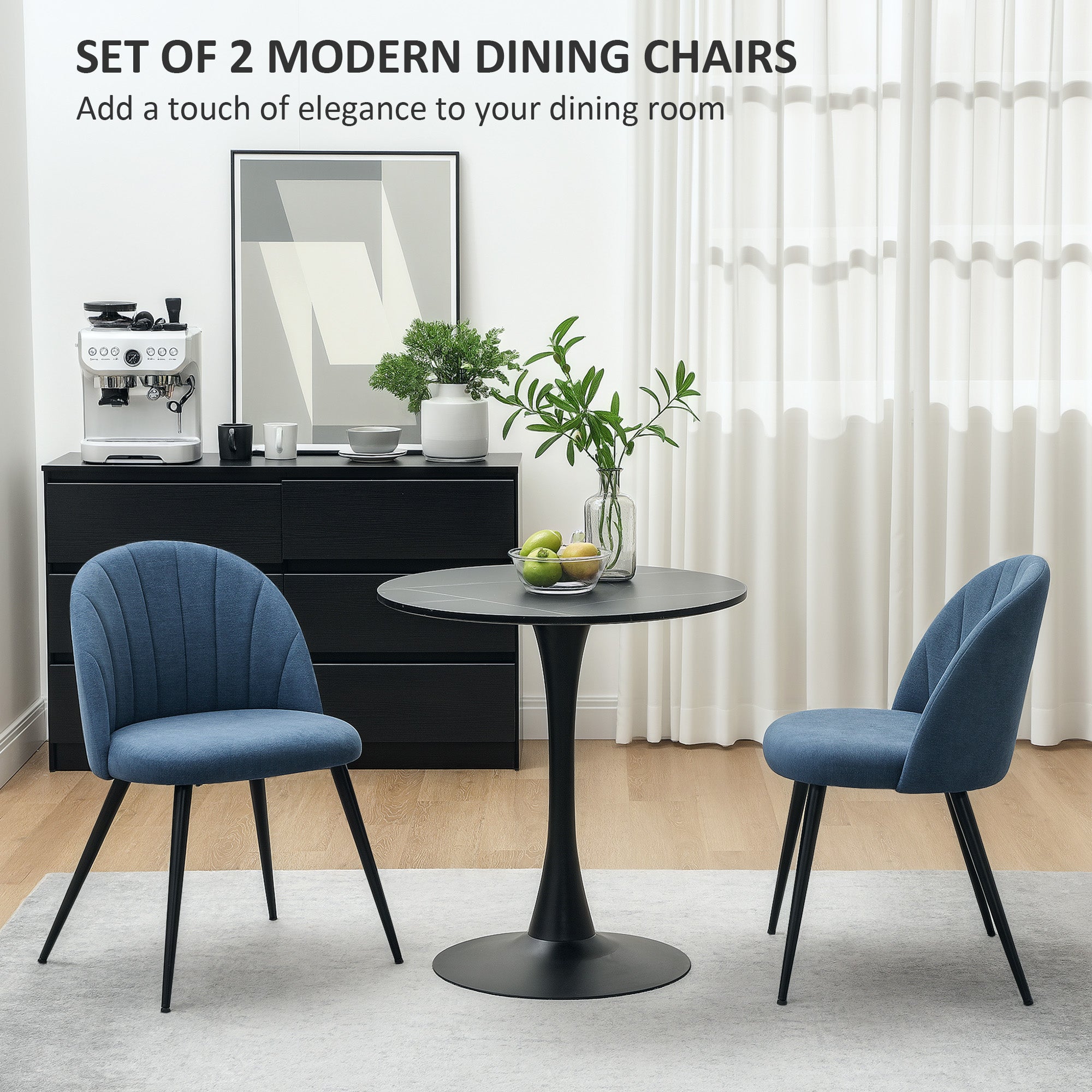 HOMCOM Velvet Dining Chairs Set of 2, Modern Upholstered Kitchen Chairs with Metal Legs, Shell Backrest and Padded Seat for Dining Room, Bedroom, Living Room, Vanity, Blue - North Peak Garden Furniture