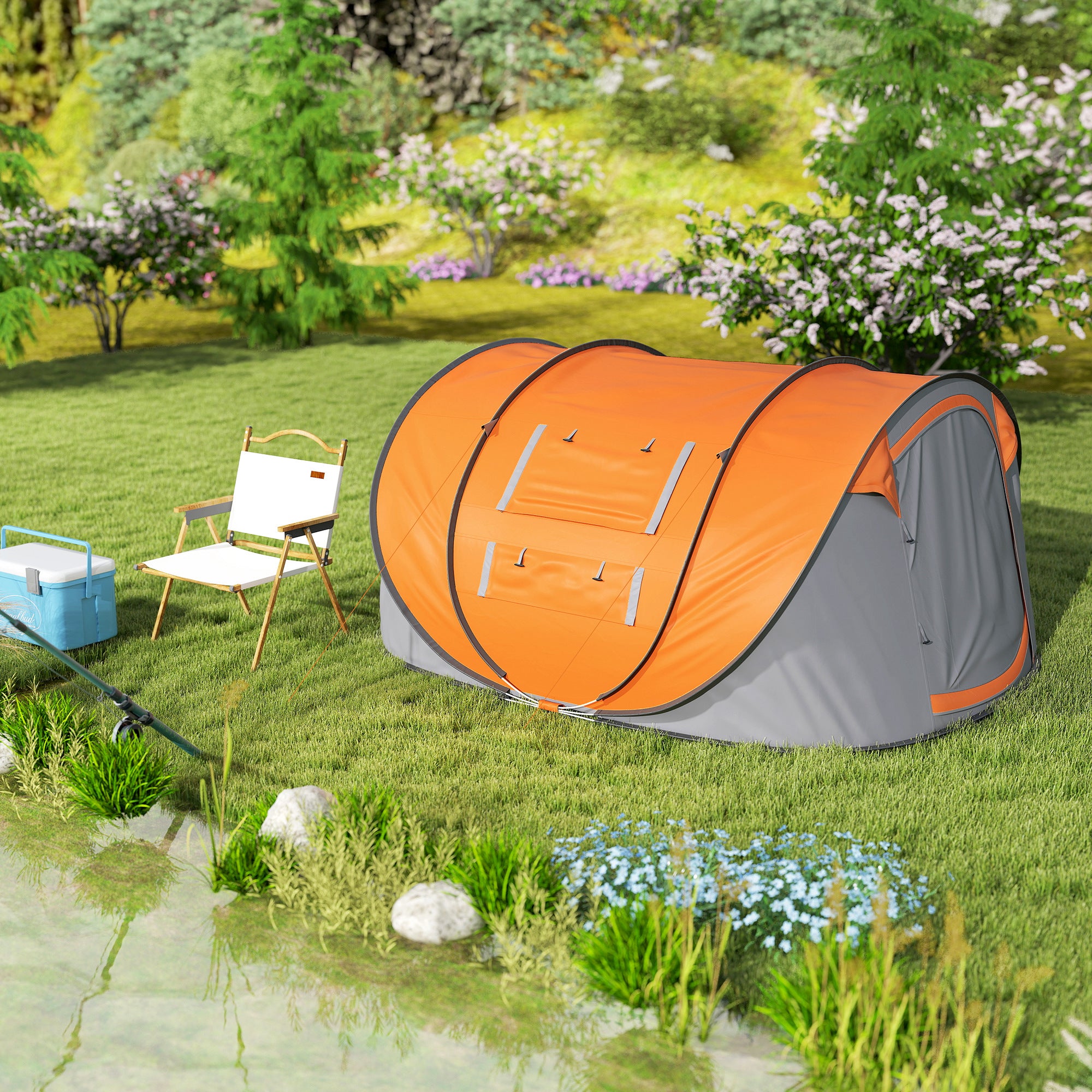 Outsunny 4-5 Person Pop-up Camping Tent Waterproof Family Tent w/ 2 Mesh Windows & PVC Windows Portable Carry Bag for Outdoor Trip, Orange