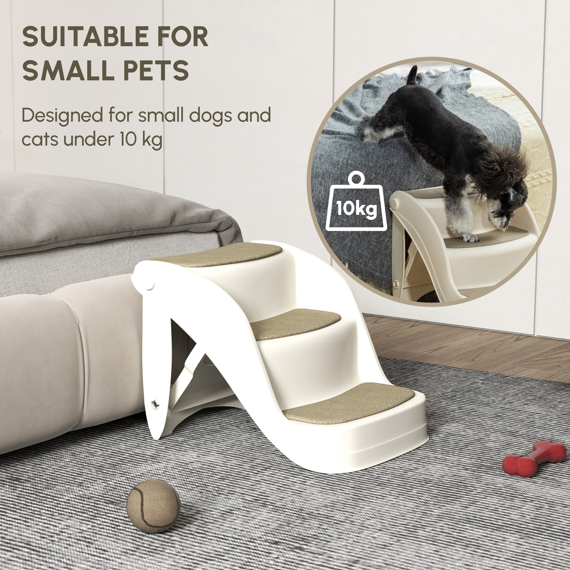 PawHut Foldable Pet Stairs Portable Dog Steps 3-Step Design with Non-slip Mats for High Beds, Sofas, 49 x 38 x 38 cm, Cream - North Peak Garden Furniture