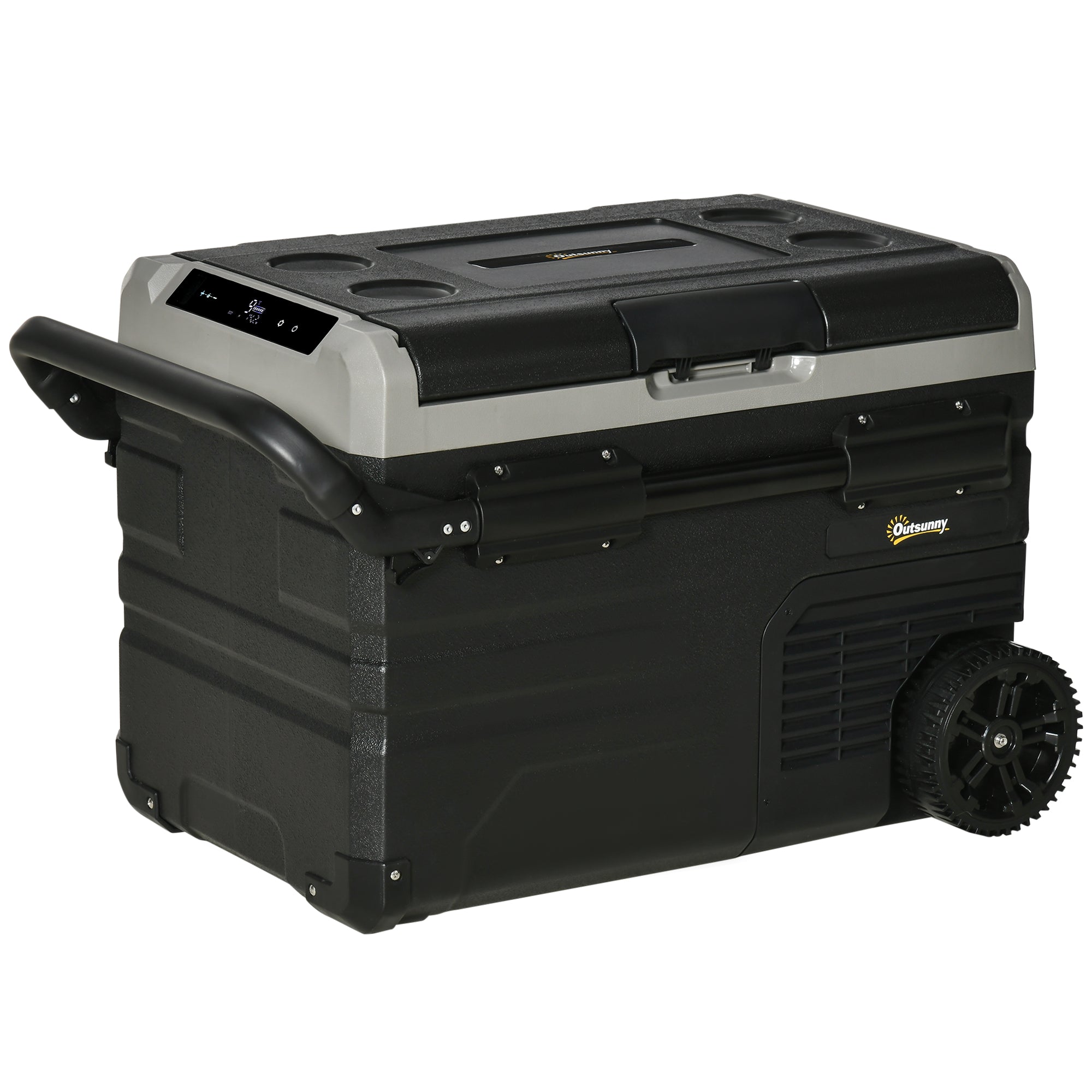 Outsunny 40L Car Refrigerator, Portable Compressor Cooler Box, Fridge Freezer w/ Inner LED Light, Foldable Handles, Cup Holders, 12/24V DC and 110-240V AC for Campervan RV Boat Travel Down to -20℃ - North Peak Garden Furniture