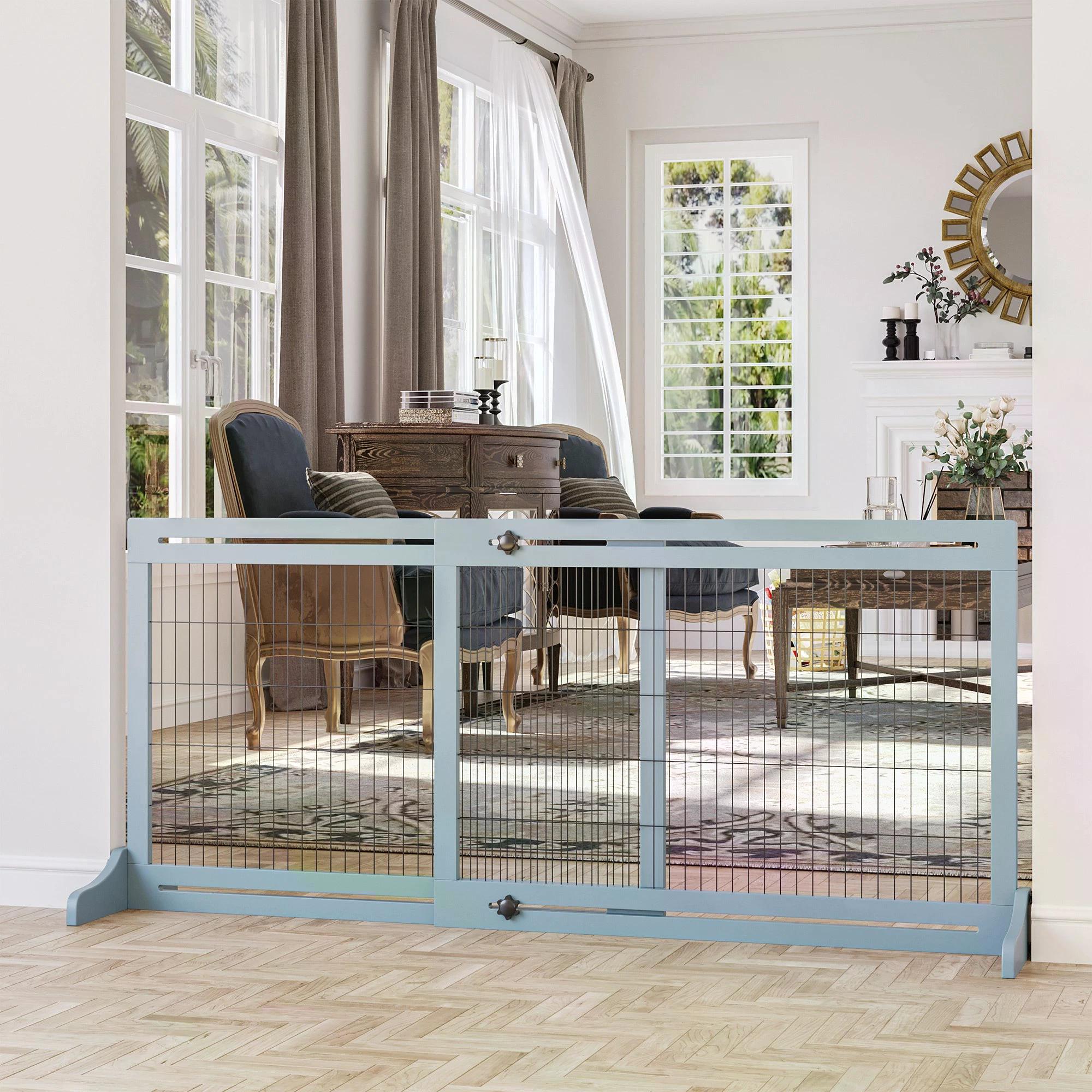 PawHut Freestanding Dog Gate, Foldable Pet Fence, Indoor Wood Barrier, Stair Gate with Support Feet, for Doorway, Hallway, Small and Medium Dogs, 69H x 104-183 cm, Blue-grey