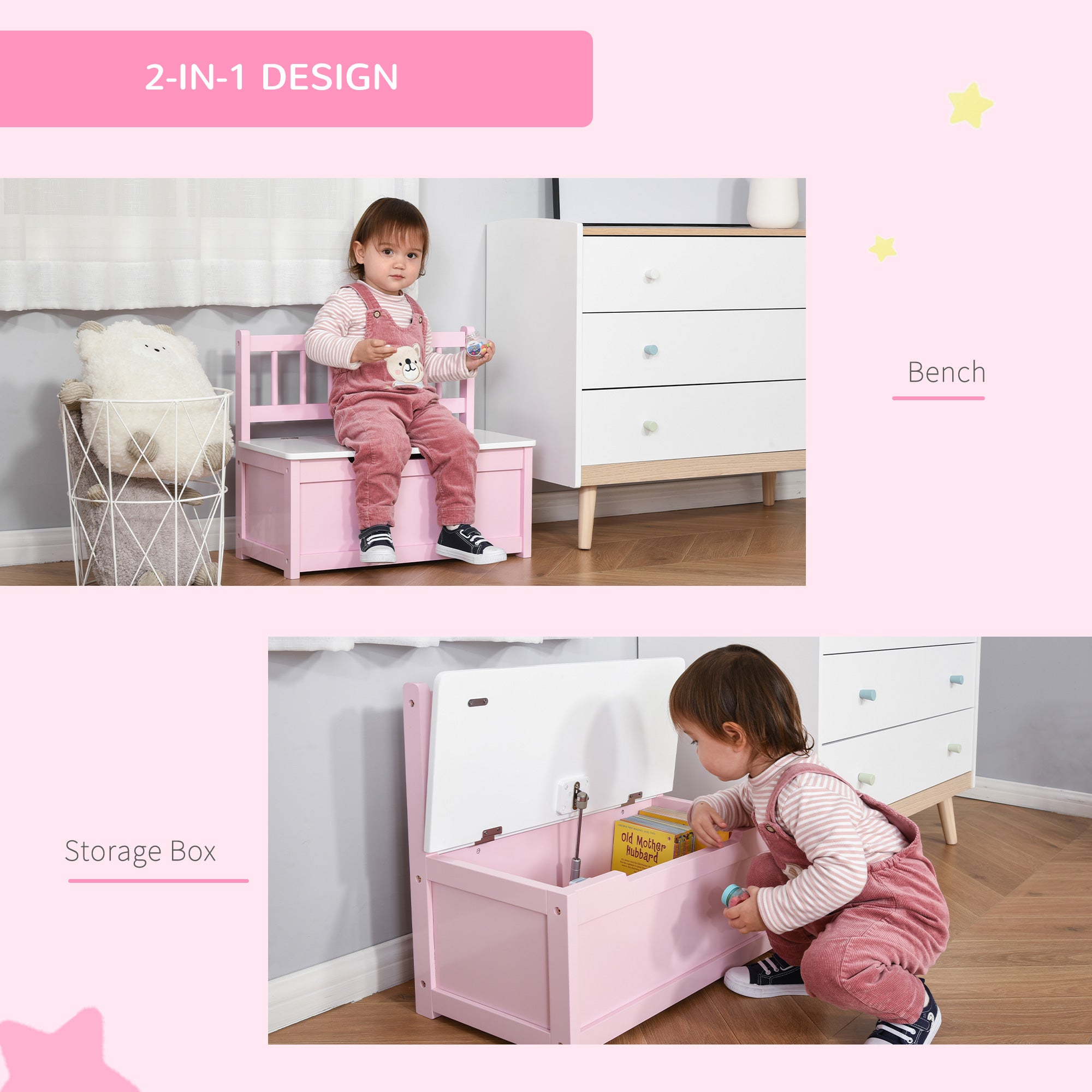 HOMCOM 2 In 1 Wooden Toy Box, Seat Storage Bench, Storage Chest Cabinet Organiser, with Safety Pneumatic Rod