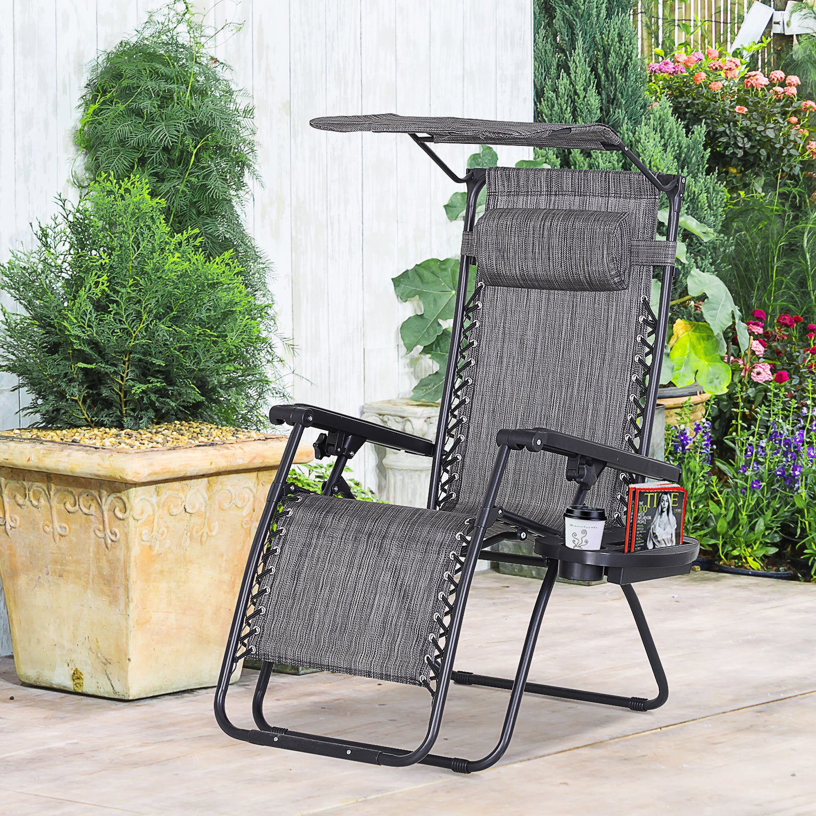 Outsunny Zero Gravity Chair, Folding Deck Chair with Cup Holder and Sunshade, Reclining Patio Sun Lounger, Grey