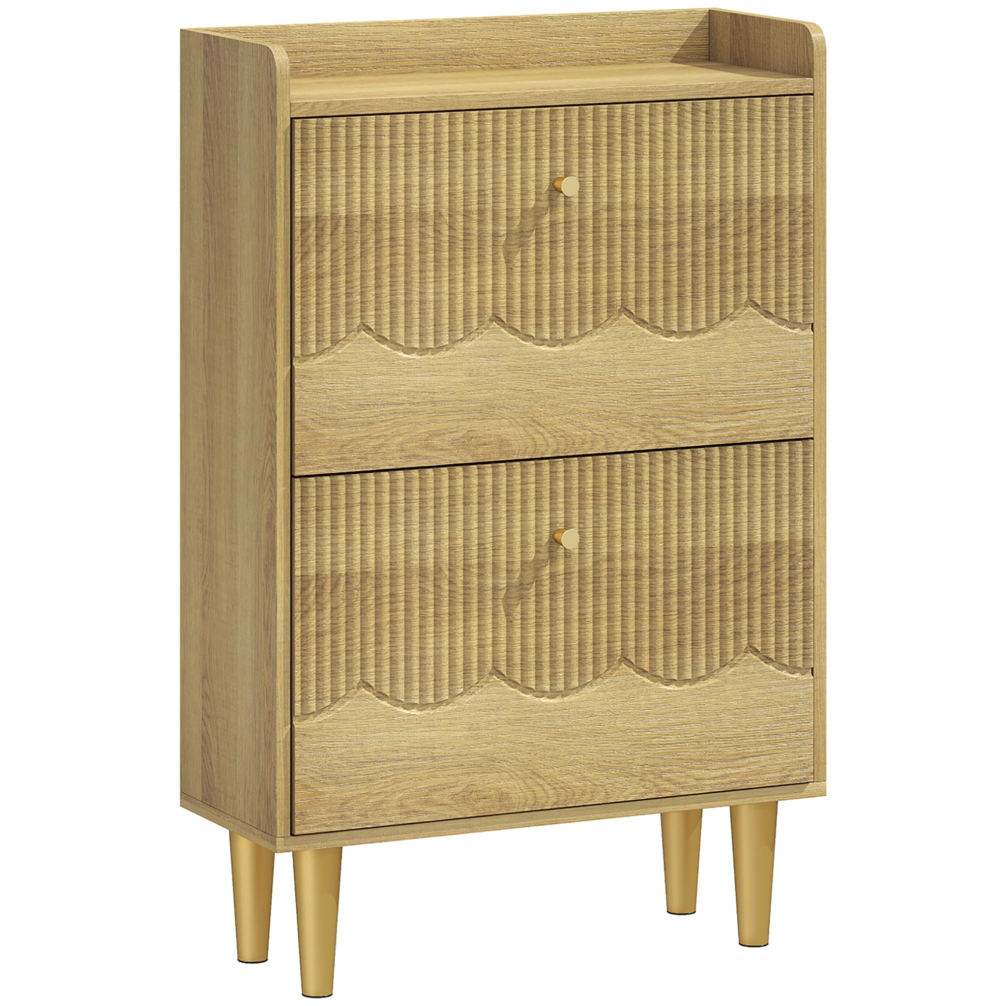 HOMCOM Narrow Shoe Cabinet, Modern Shoe Storage Cabinet with 2 Flip Drawers, Oak