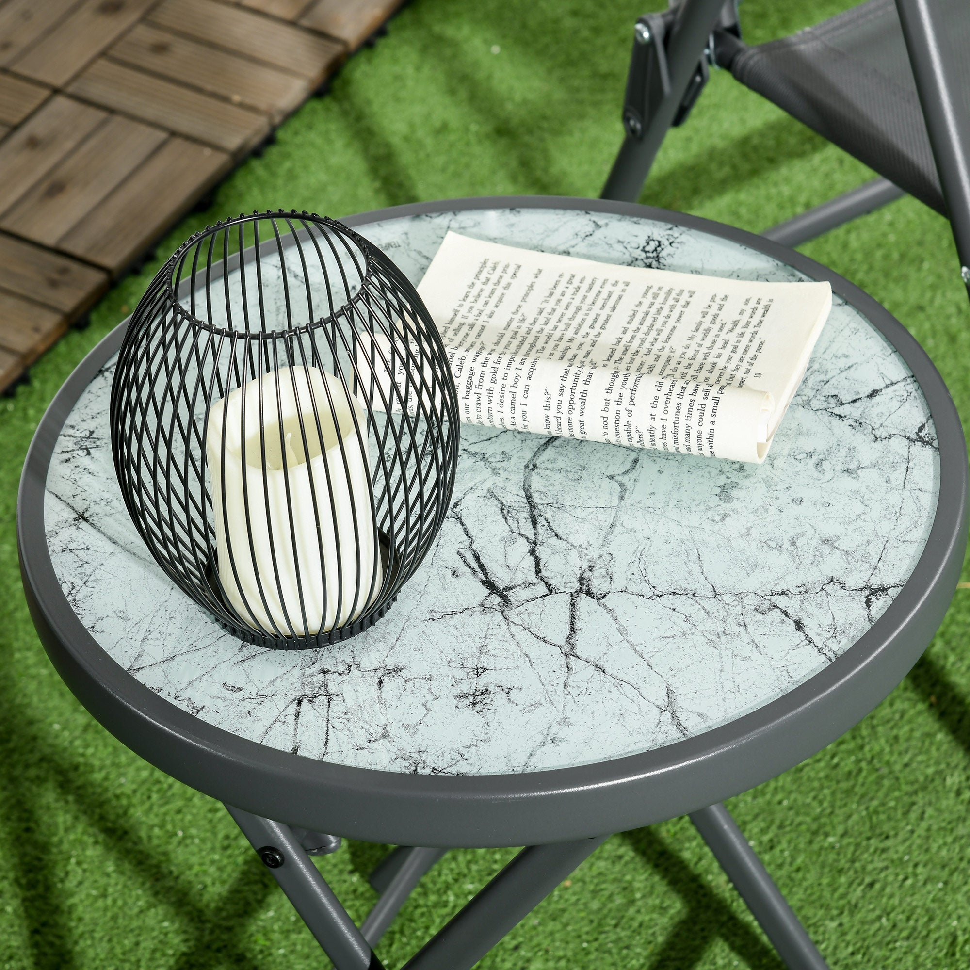 Outsunny Φ45cm Garden Side Table, Outdoor Round Folding Patio Table with Imitation Marble Glass Top, Small Coffee Table, White - North Peak Garden Furniture